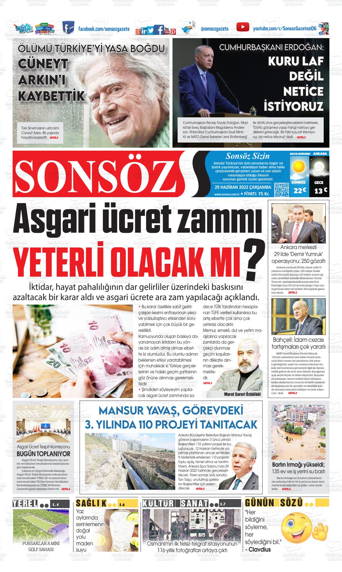 29 Haziran 2022 Ankara Sonsöz Gazete Manşeti