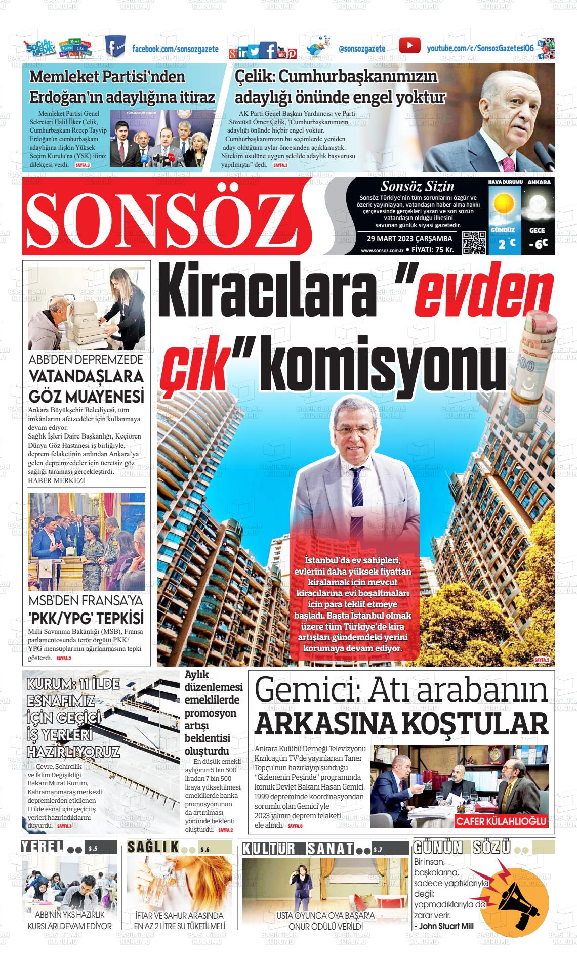 29 Mart 2023 Ankara Sonsöz Gazete Manşeti