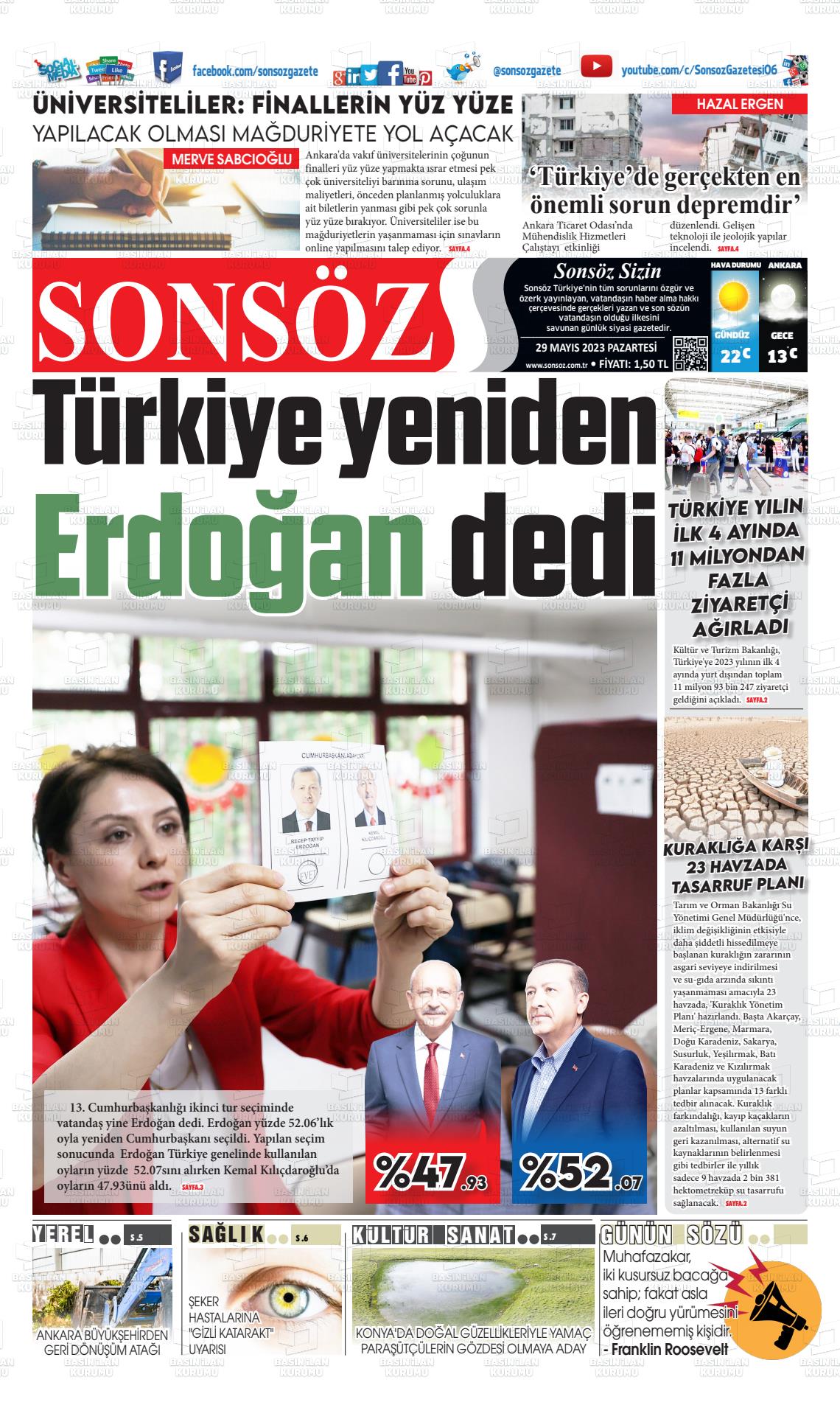29 Mayıs 2023 Ankara Sonsöz Gazete Manşeti