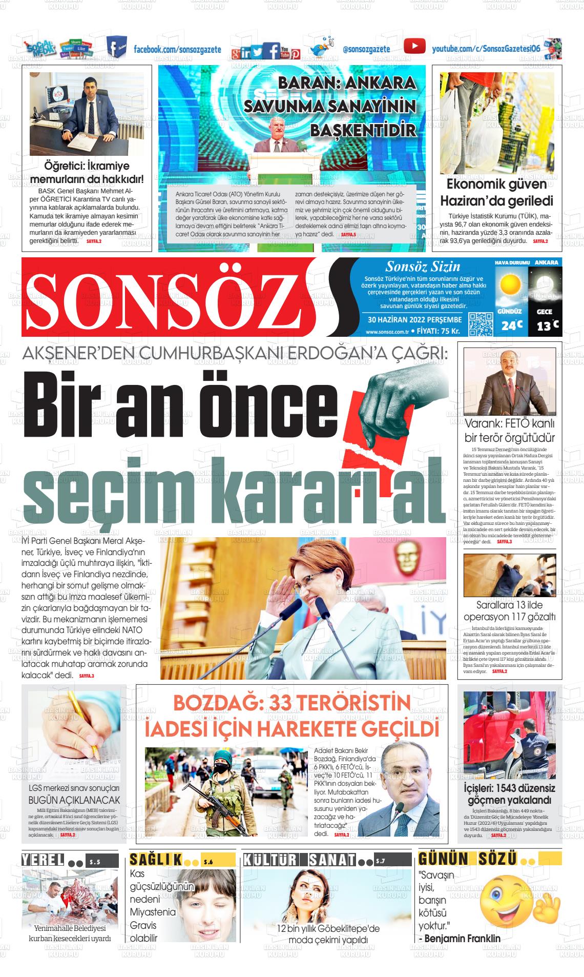 30 Haziran 2022 Ankara Sonsöz Gazete Manşeti