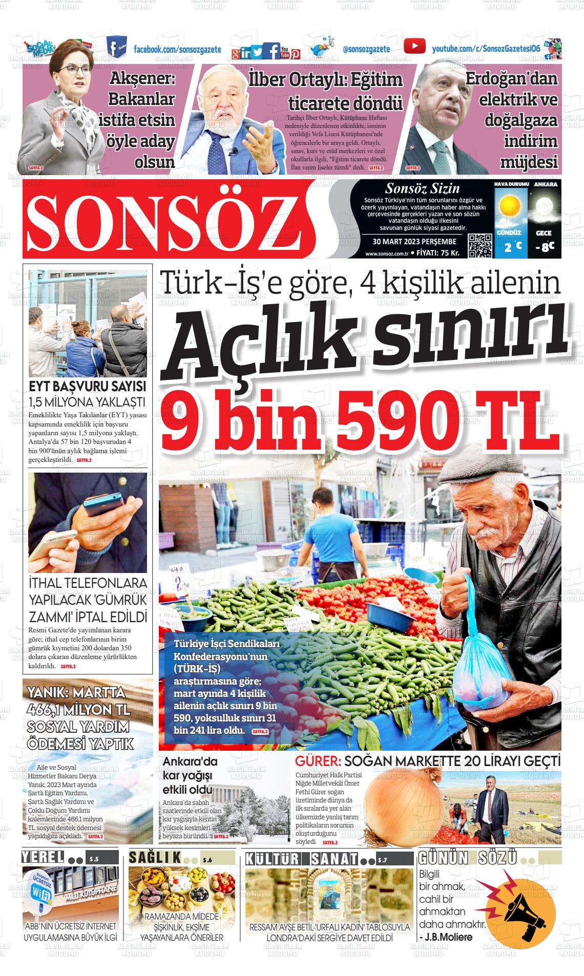 30 Mart 2023 Ankara Sonsöz Gazete Manşeti
