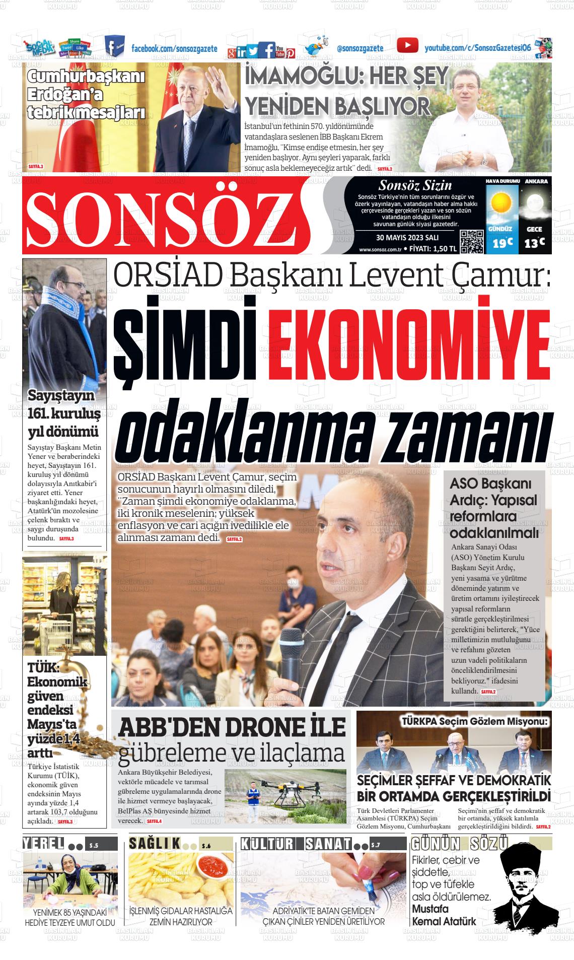 30 Mayıs 2023 Ankara Sonsöz Gazete Manşeti