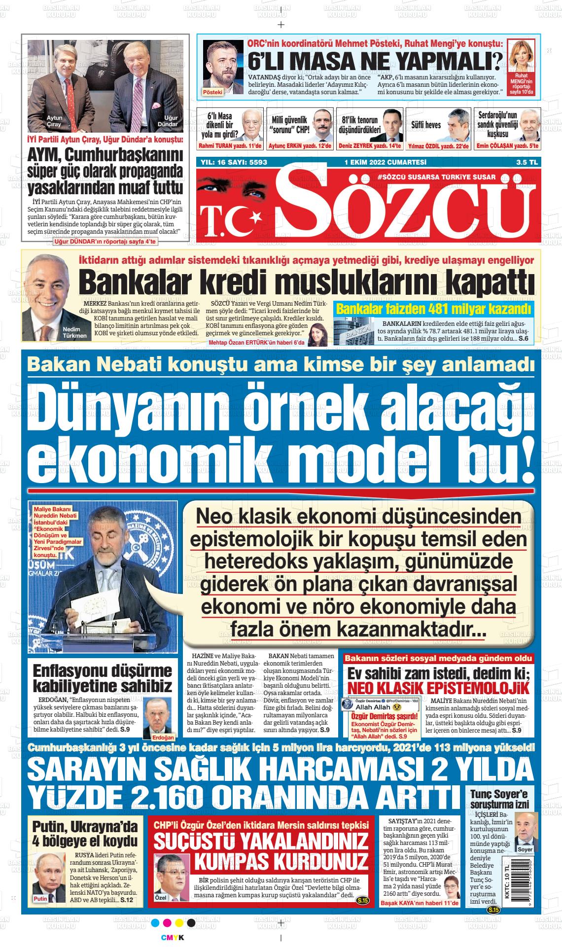 01 Ekim 2022 Sözcü Gazete Manşeti