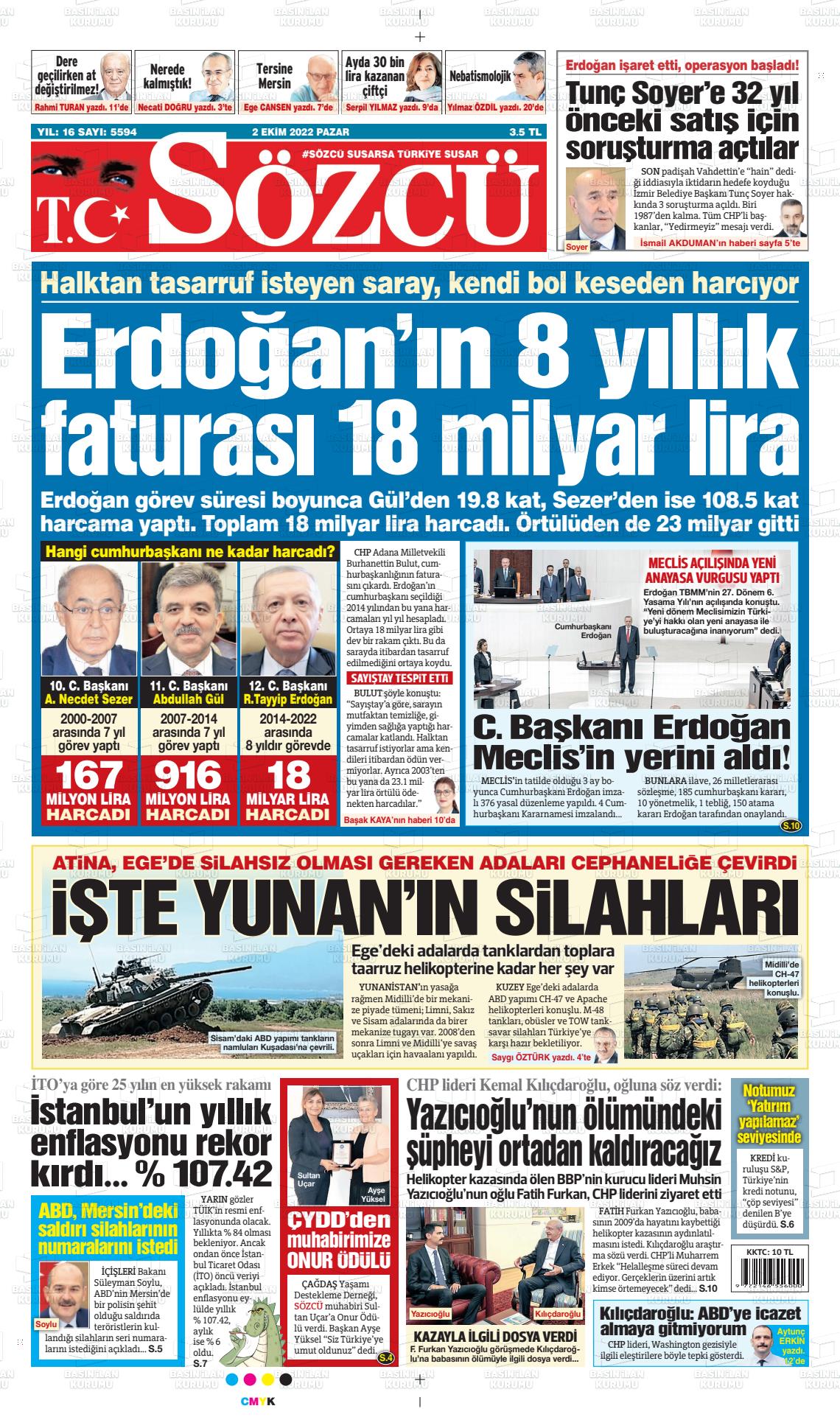 02 Ekim 2022 Sözcü Gazete Manşeti