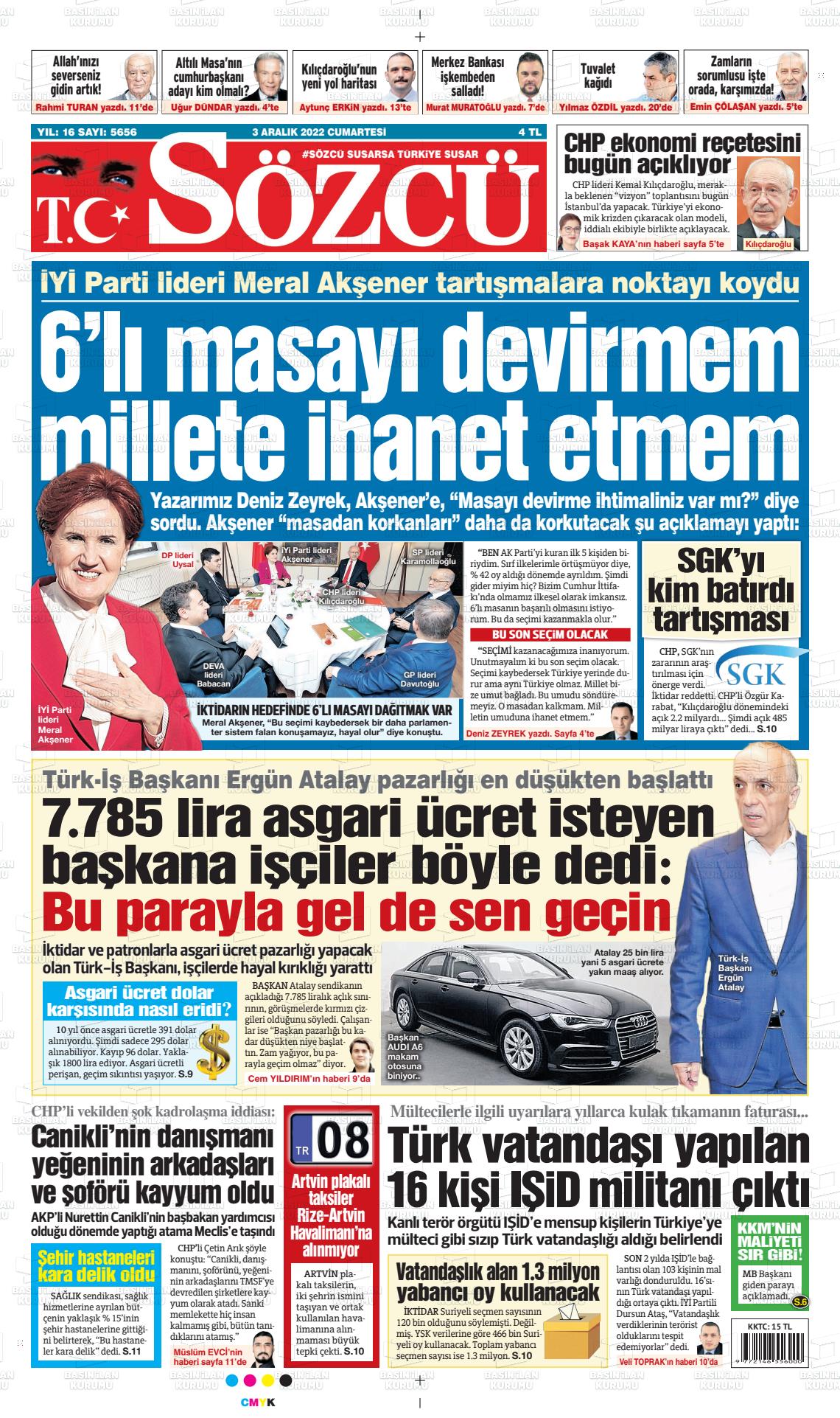 03 Aralık 2022 Sözcü Gazete Manşeti