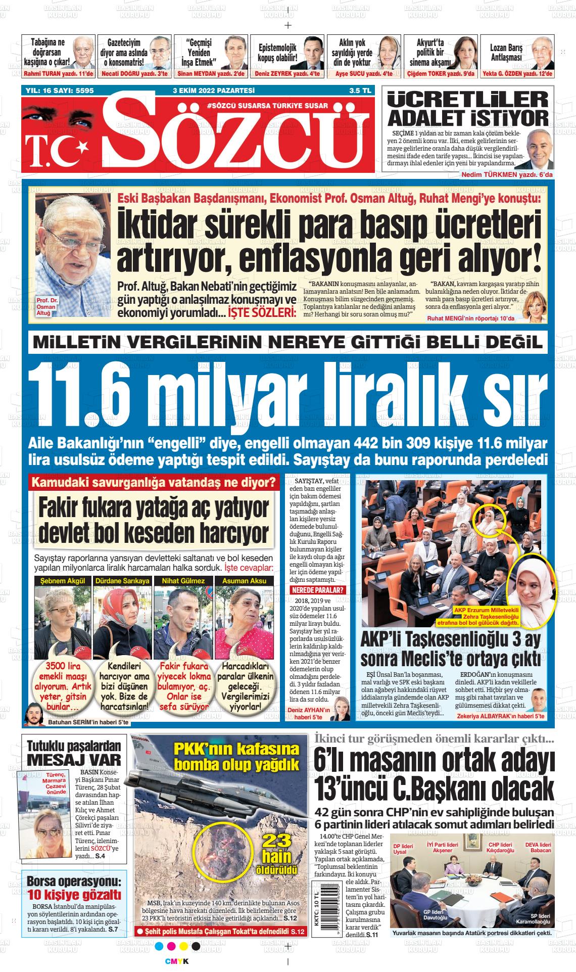 03 Ekim 2022 Sözcü Gazete Manşeti