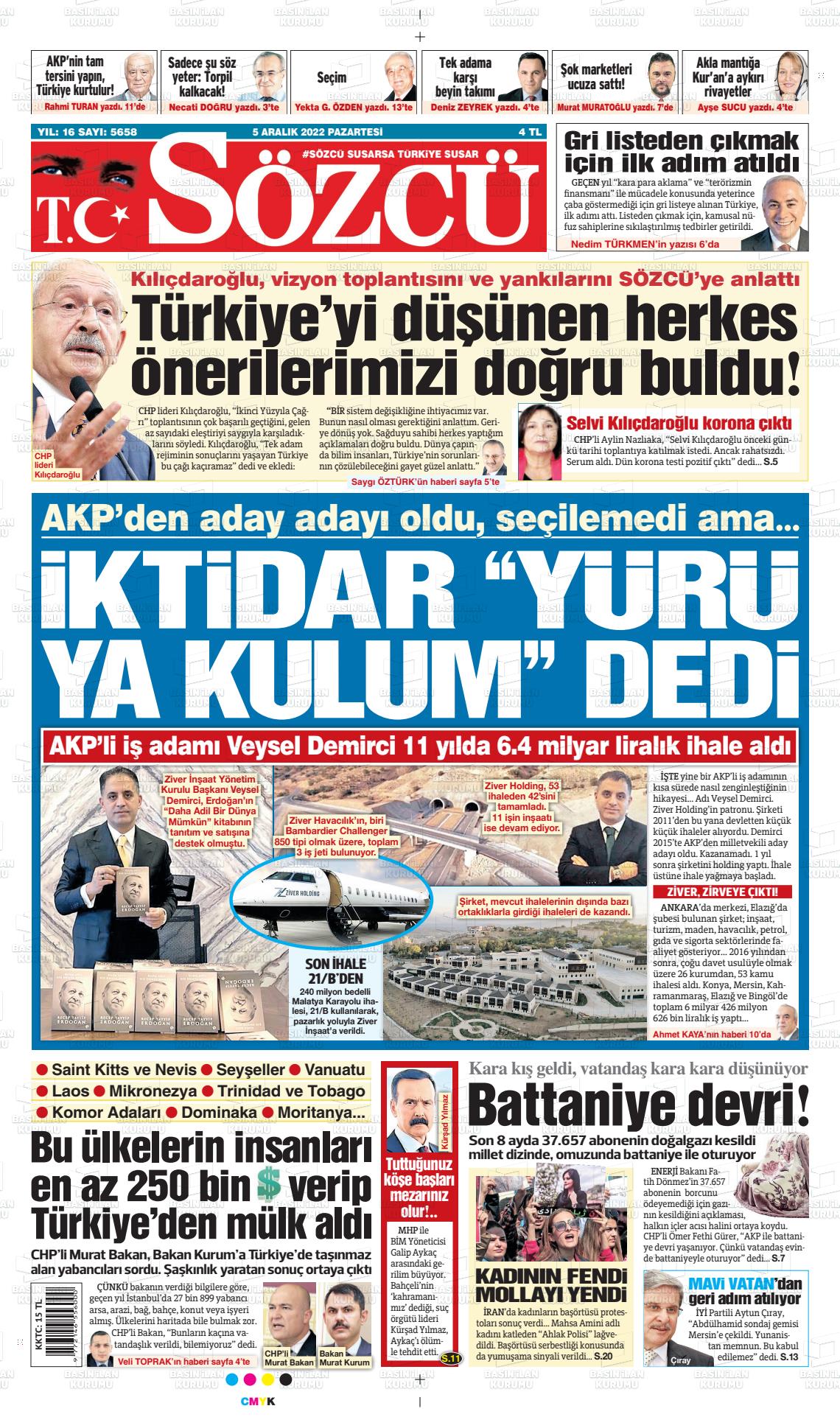 05 Aralık 2022 Sözcü Gazete Manşeti
