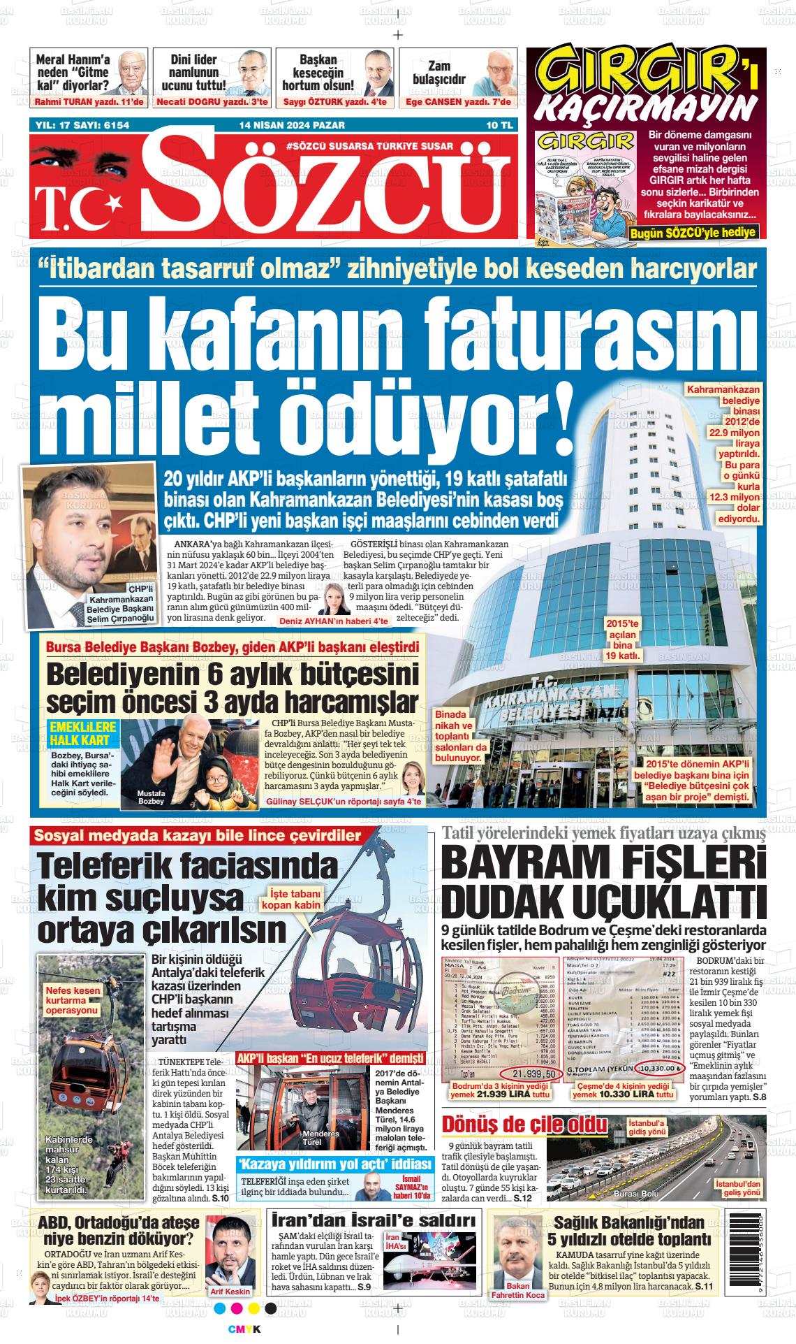 14 Nisan 2024 Sözcü Gazete Manşeti