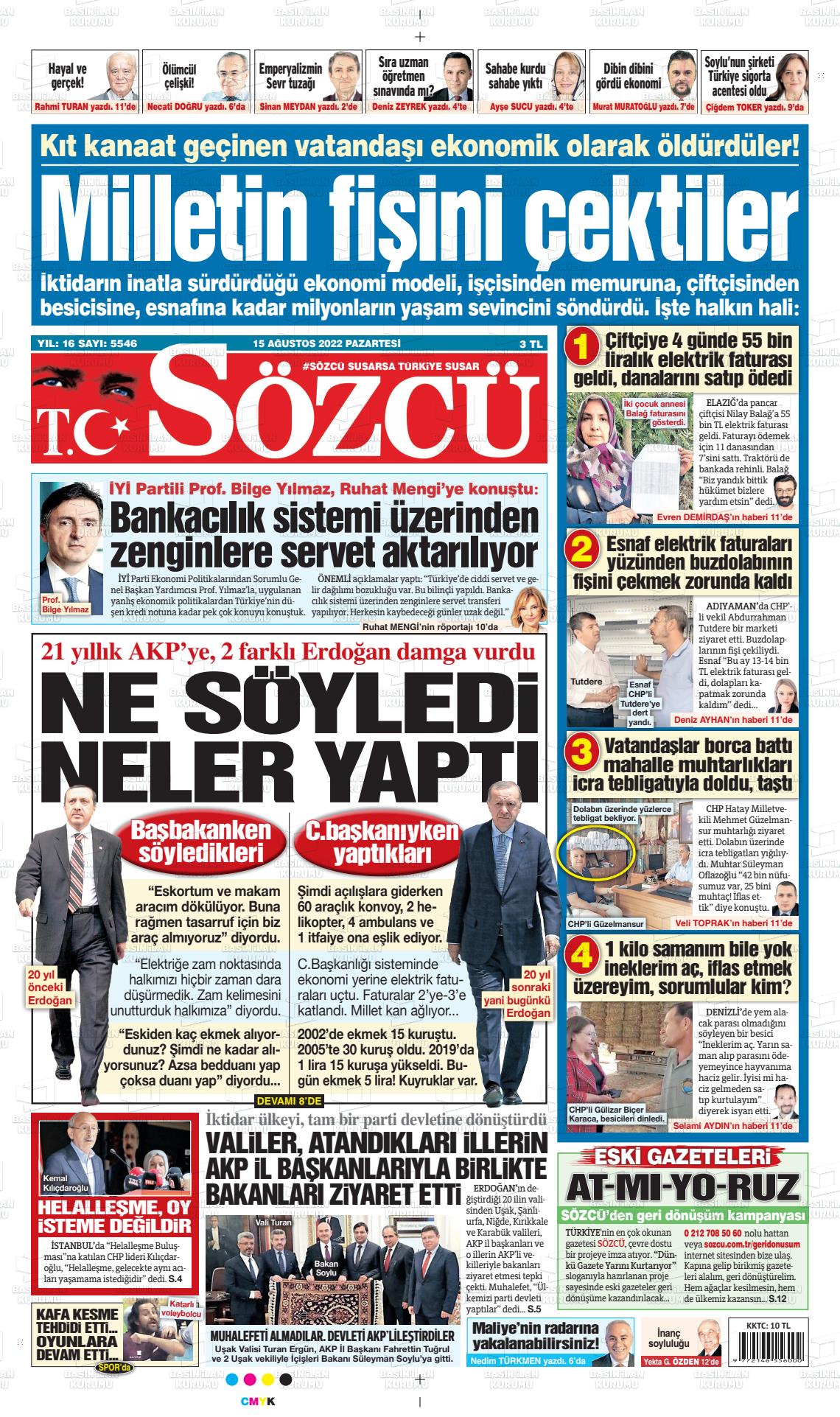 15 Ağustos 2022 Sözcü Gazete Manşeti
