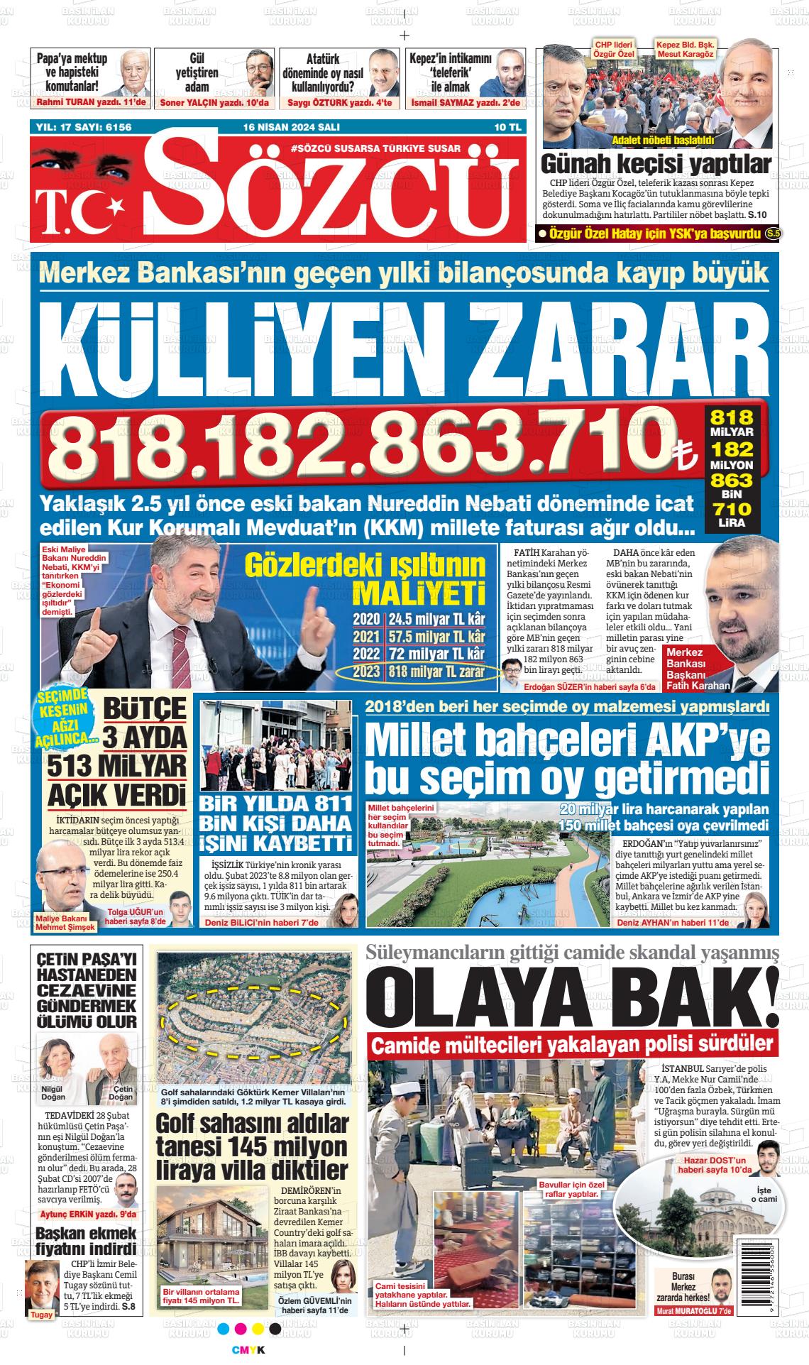16 Nisan 2024 Sözcü Gazete Manşeti