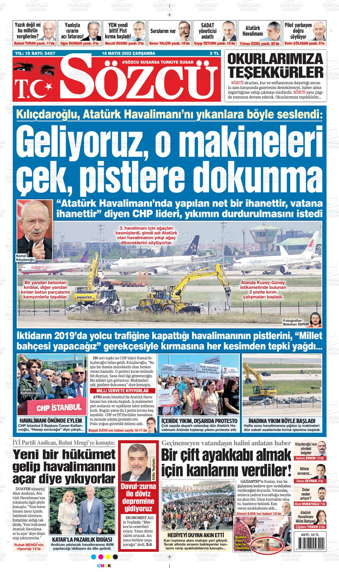 18 Mayıs 2022 Sözcü Gazete Manşeti