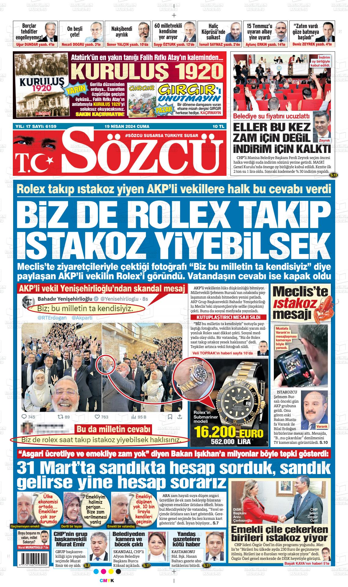 19 Nisan 2024 Sözcü Gazete Manşeti