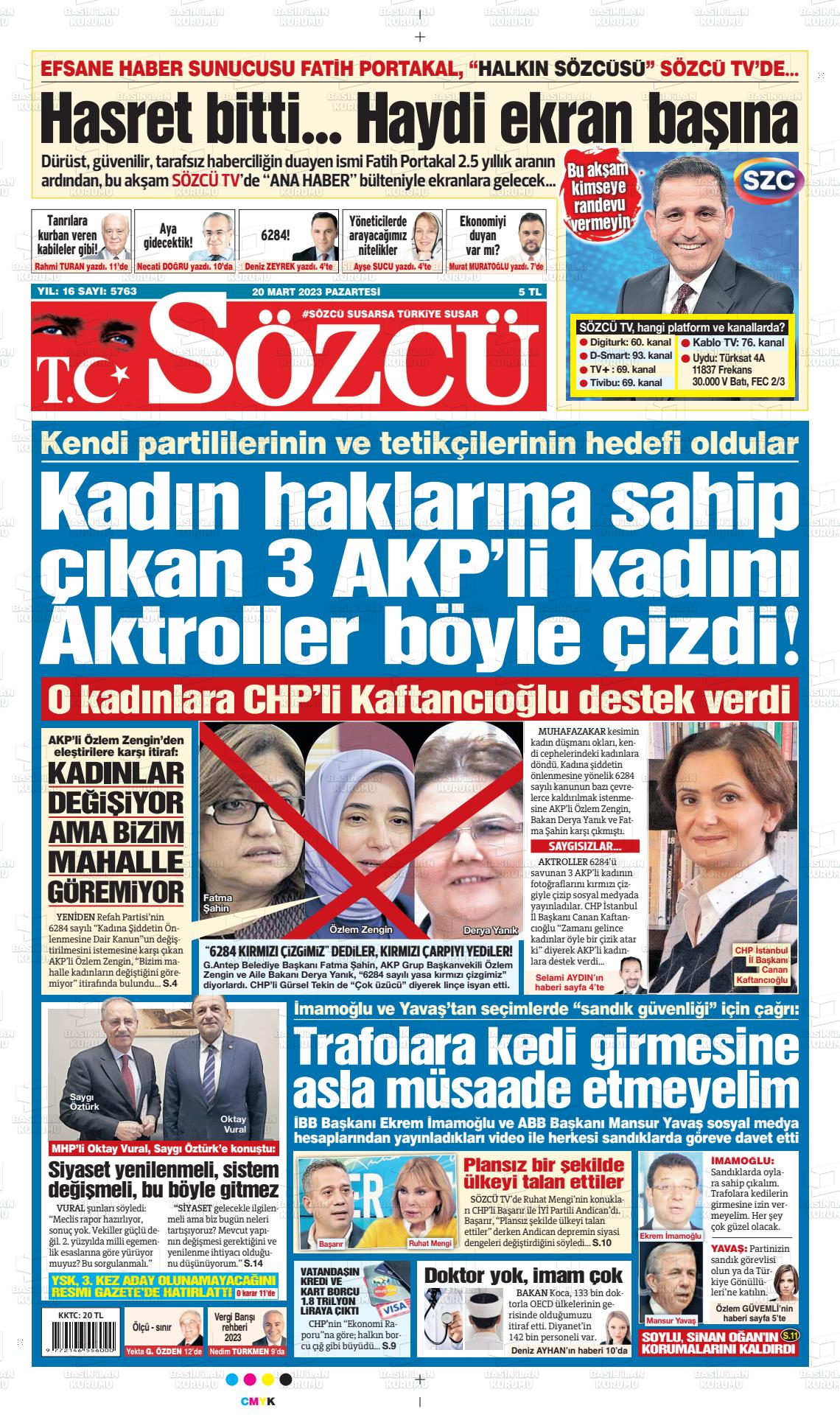20 Mart 2023 Sözcü Gazete Manşeti
