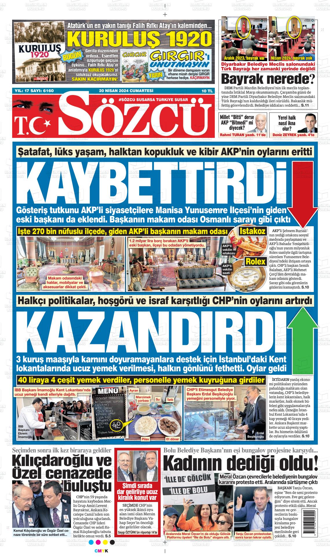 20 Nisan 2024 Sözcü Gazete Manşeti