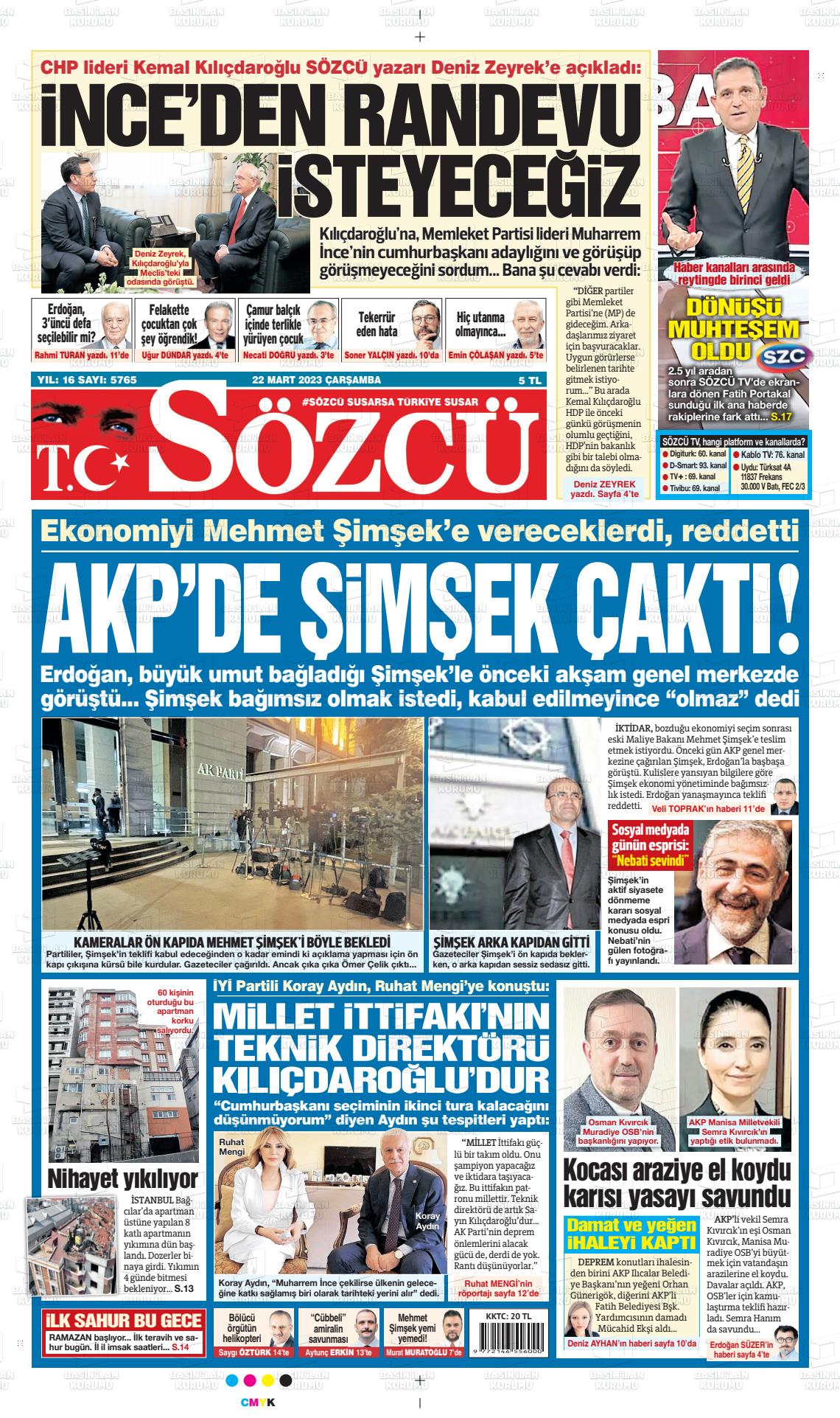 22 Mart 2023 Sözcü Gazete Manşeti