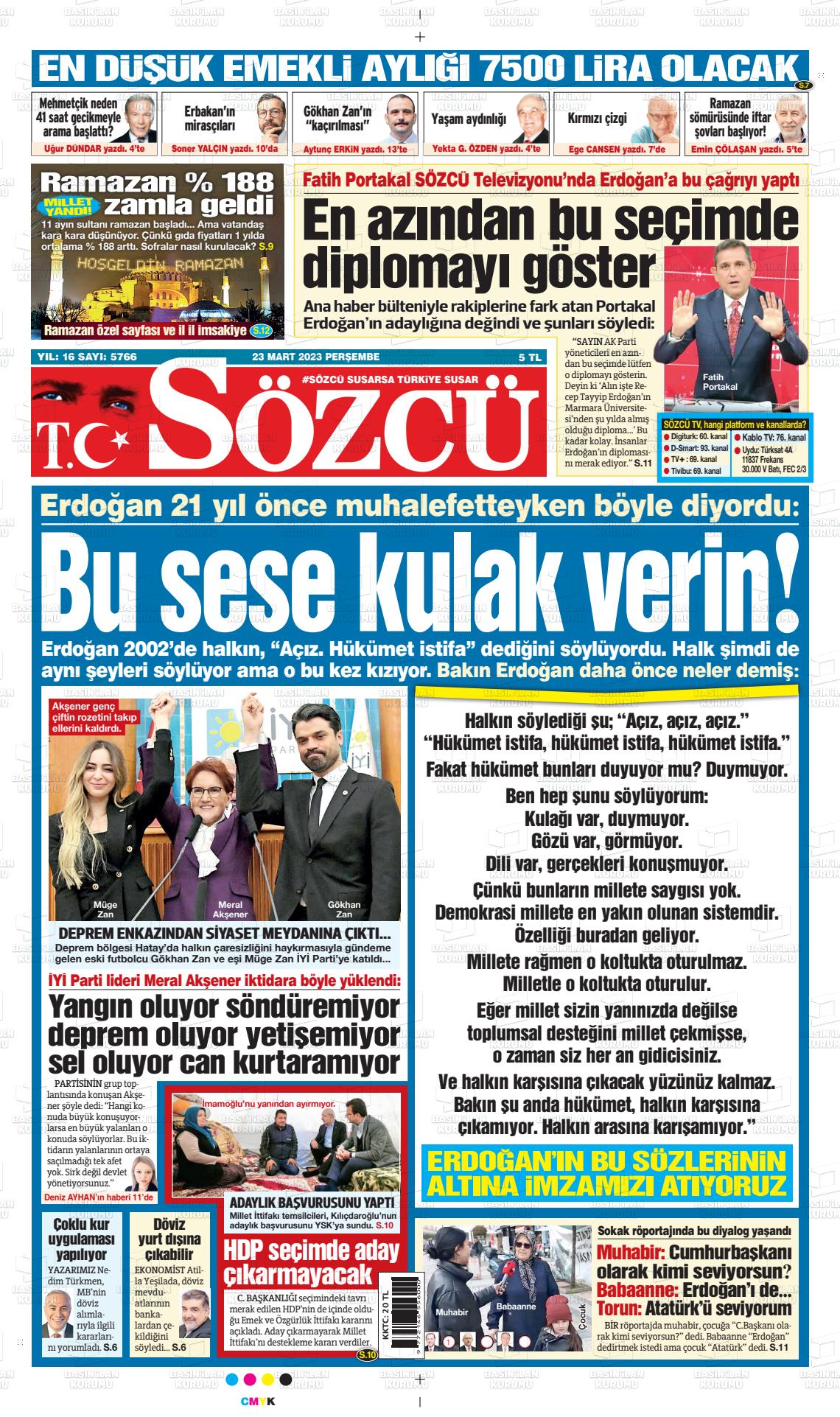 23 Mart 2023 Sözcü Gazete Manşeti