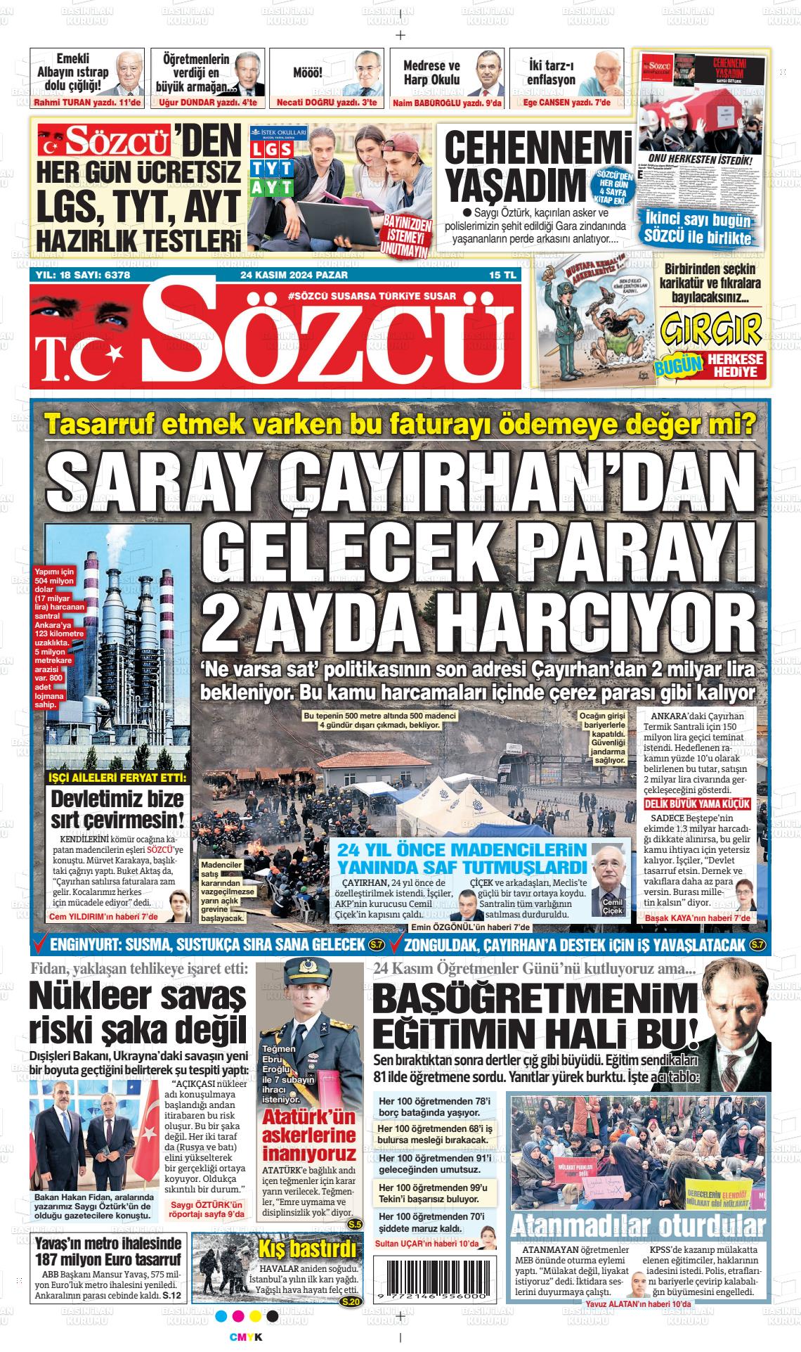 24 Kasım 2024 Sözcü Gazete Manşeti