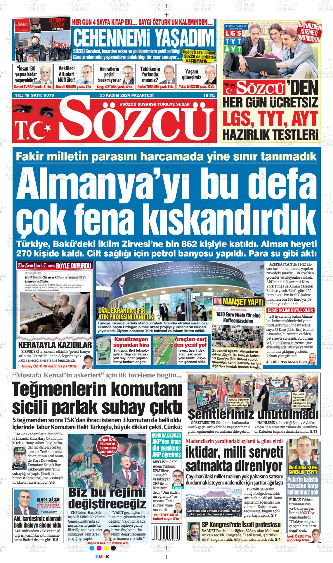25 Kasım 2024 Sözcü Gazete Manşeti
