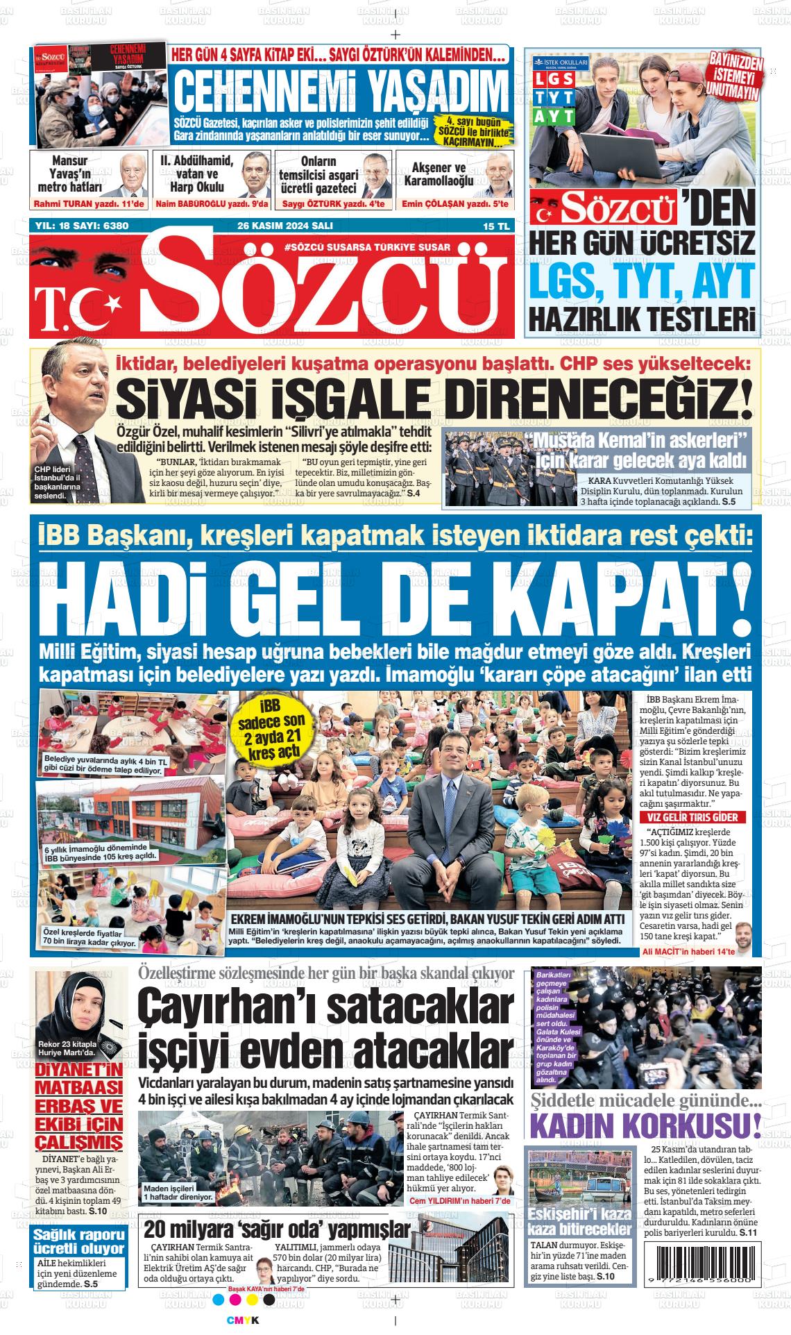 26 Kasım 2024 Sözcü Gazete Manşeti
