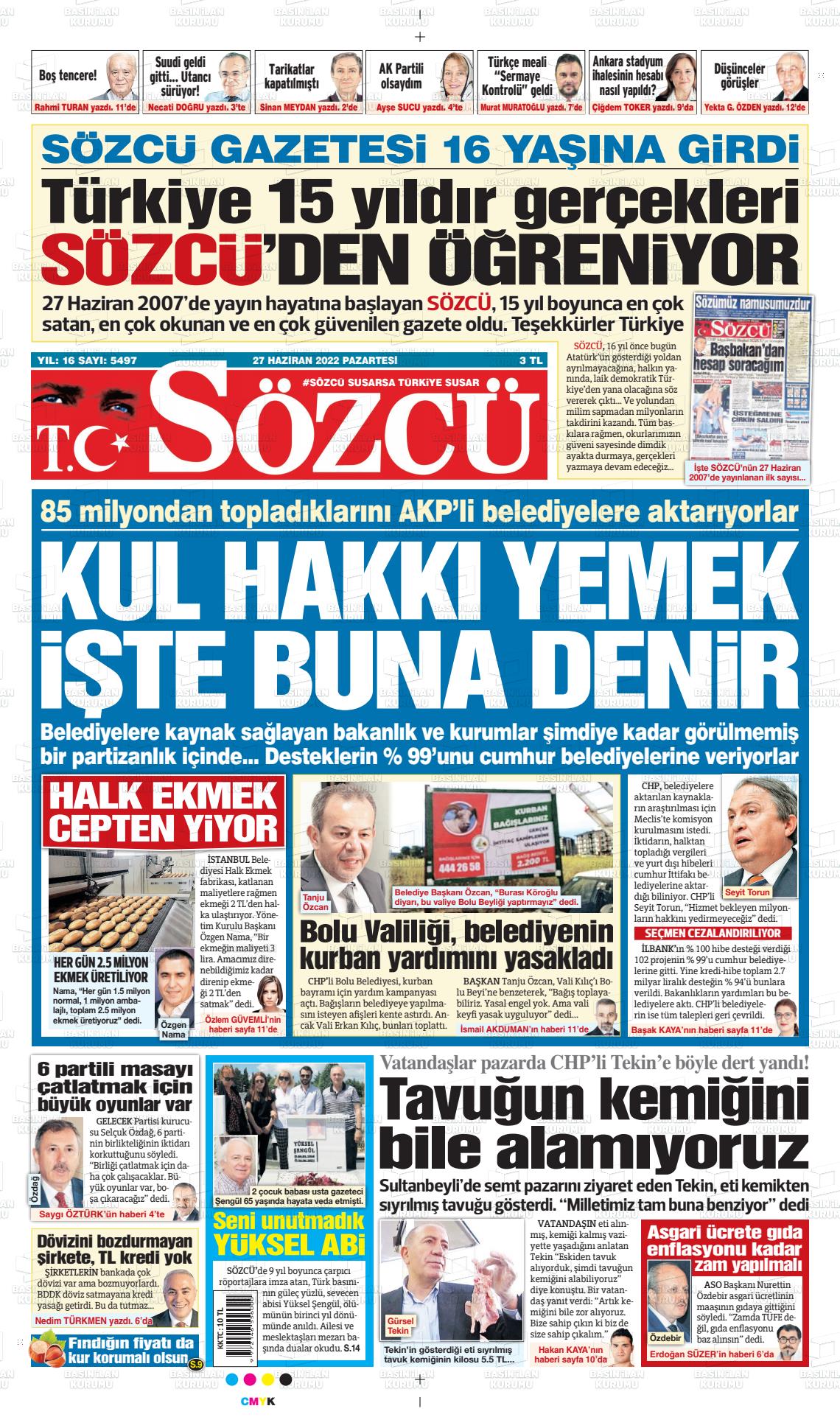 27 Haziran 2022 Sözcü Gazete Manşeti