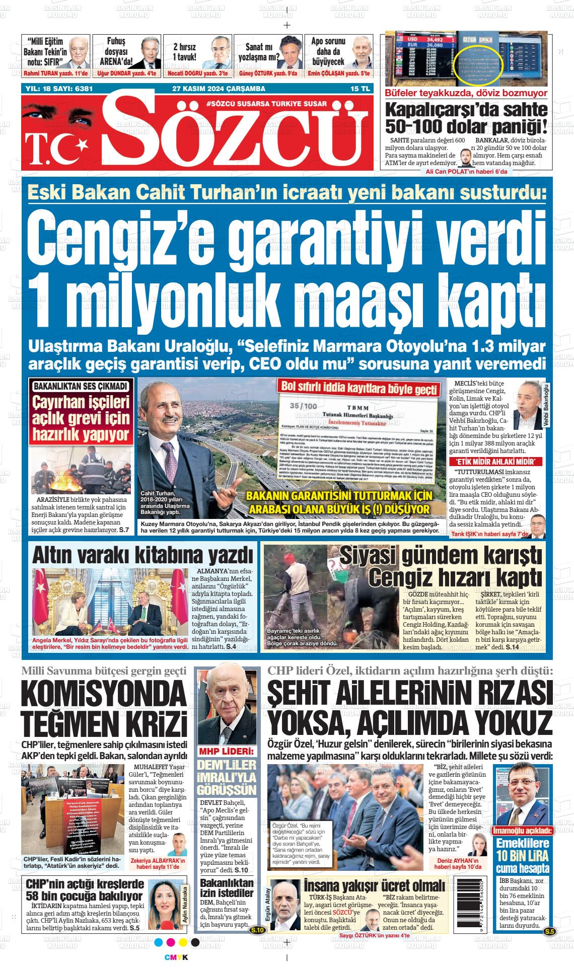 27 Kasım 2024 Sözcü Gazete Manşeti