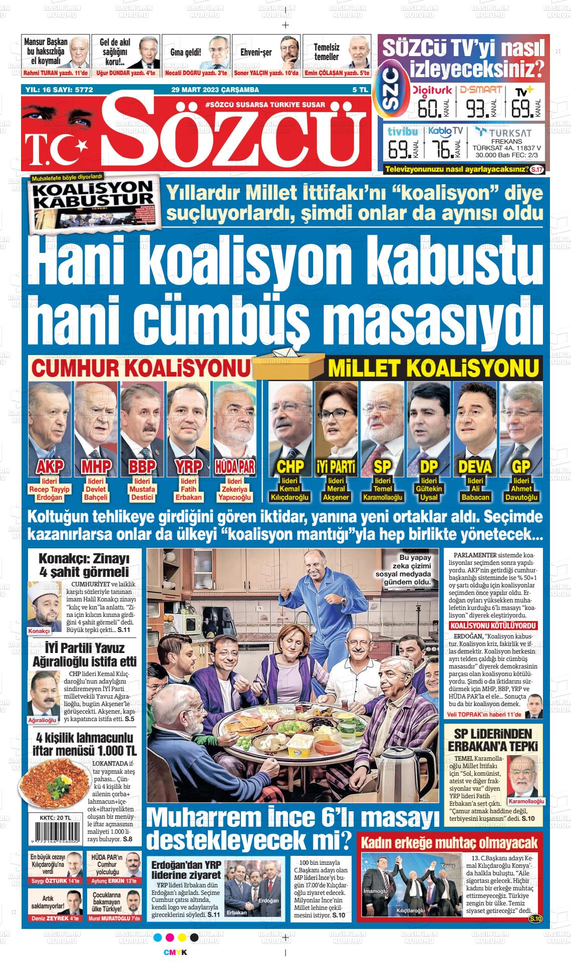 29 Mart 2023 Sözcü Gazete Manşeti