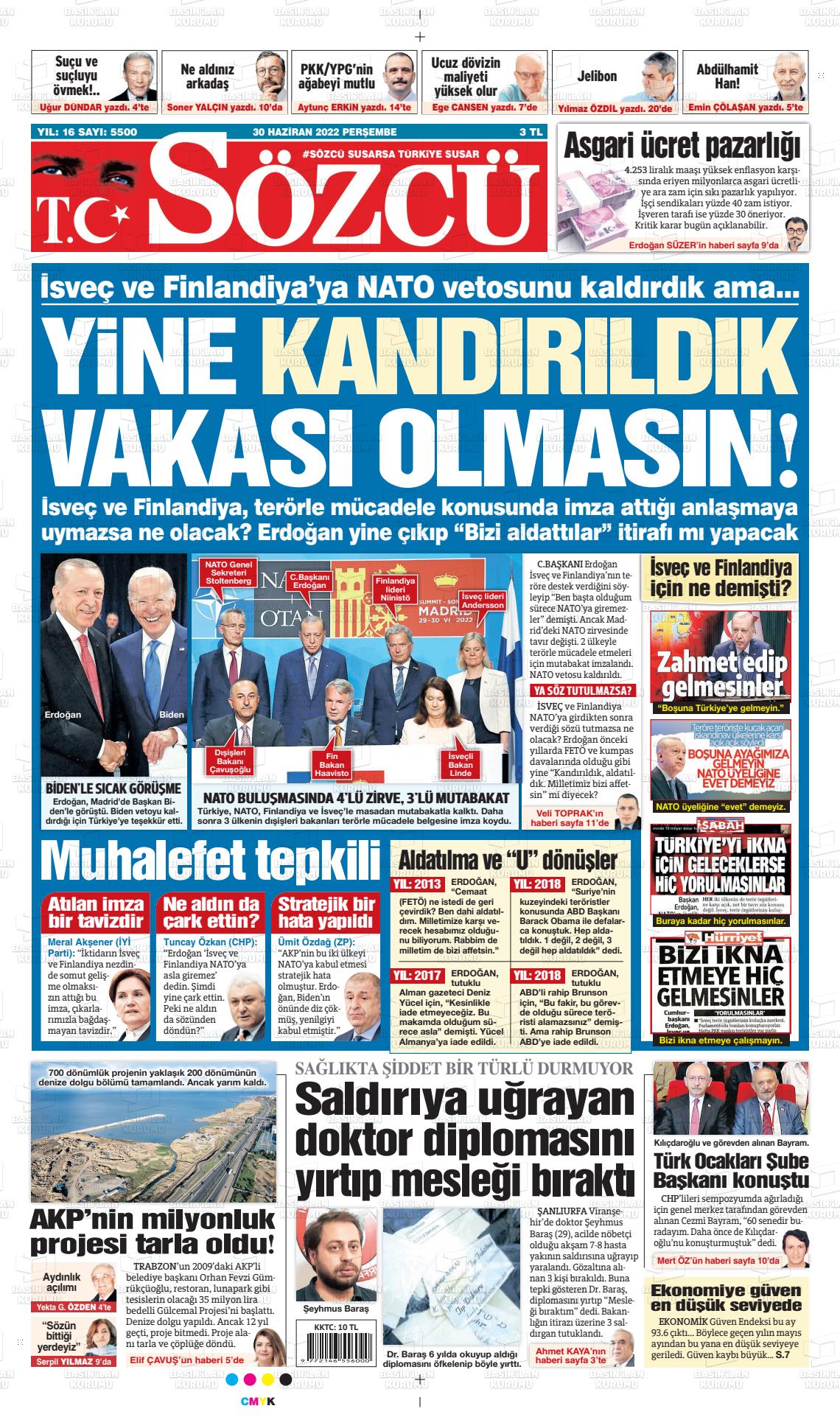01 Temmuz 2022 Sözcü Gazete Manşeti