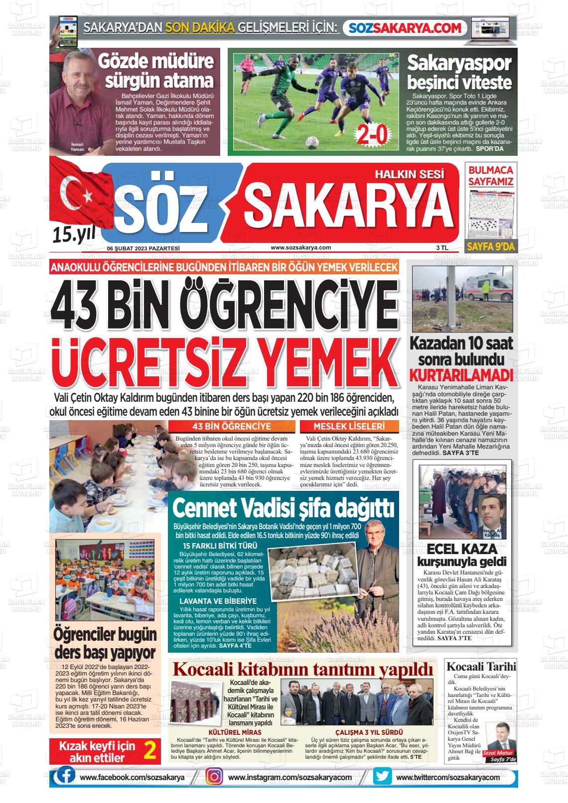 06 Şubat 2023 Söz Sakarya Gazete Manşeti