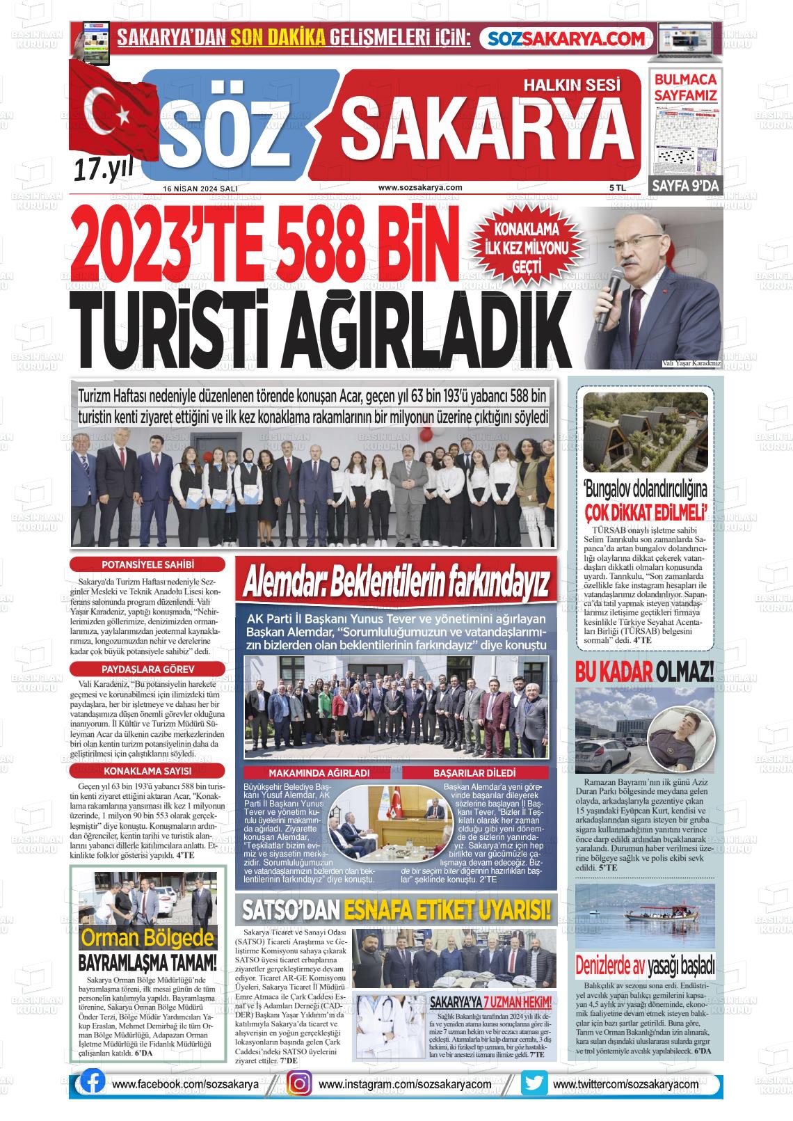 18 Nisan 2024 Söz Sakarya Gazete Manşeti