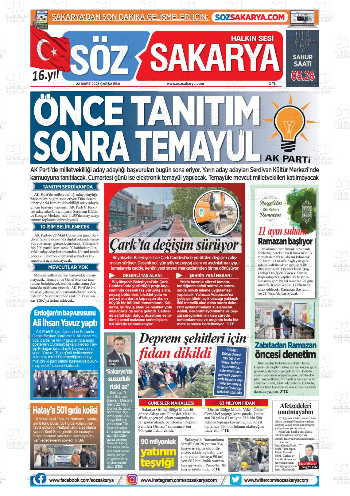 22 Mart 2023 Söz Sakarya Gazete Manşeti