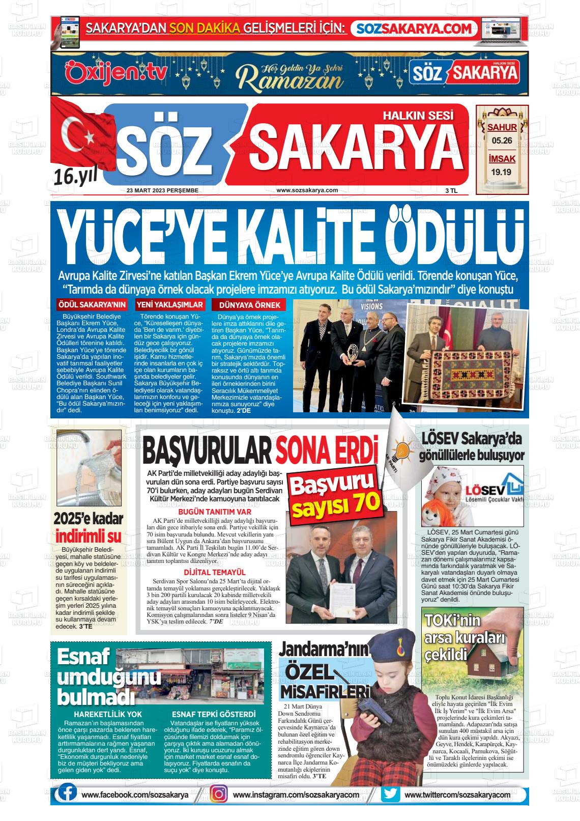 23 Mart 2023 Söz Sakarya Gazete Manşeti