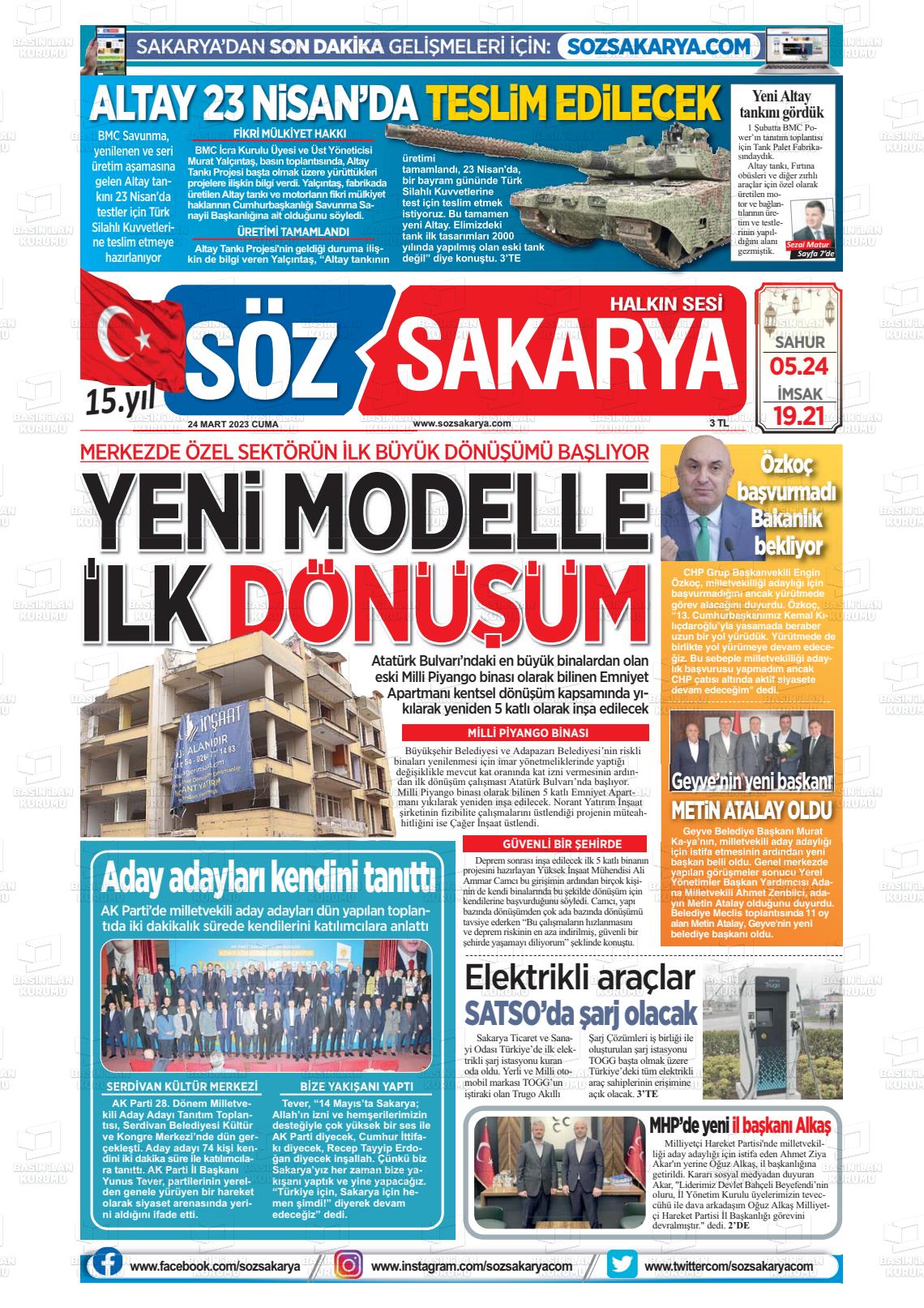 24 Mart 2023 Söz Sakarya Gazete Manşeti