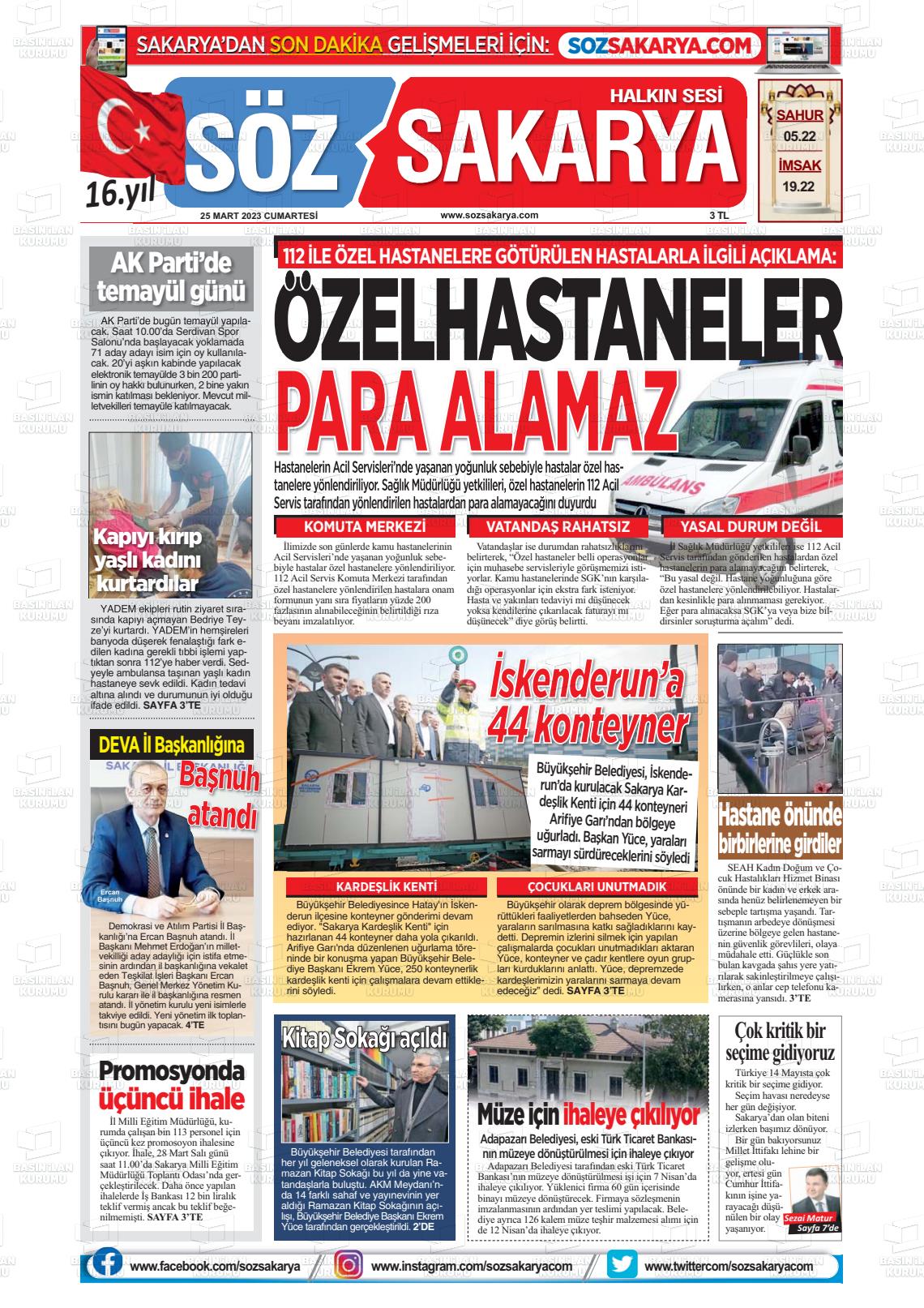 25 Mart 2023 Söz Sakarya Gazete Manşeti