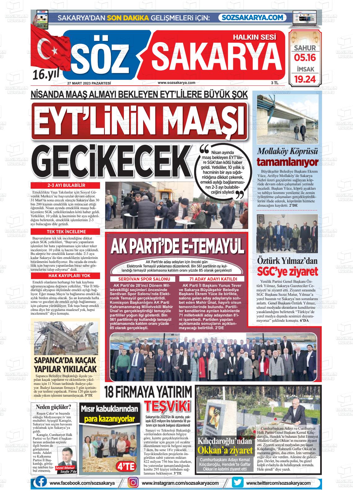 27 Mart 2023 Söz Sakarya Gazete Manşeti
