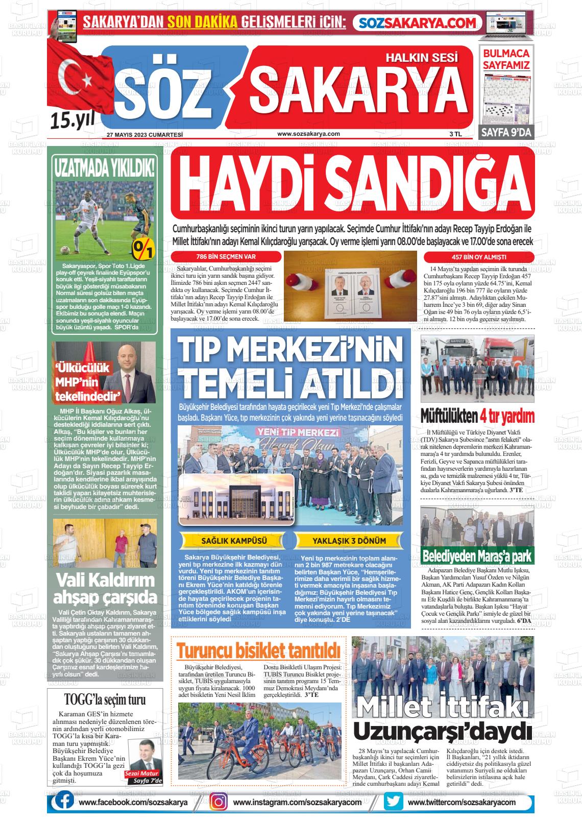 27 Mayıs 2023 Söz Sakarya Gazete Manşeti