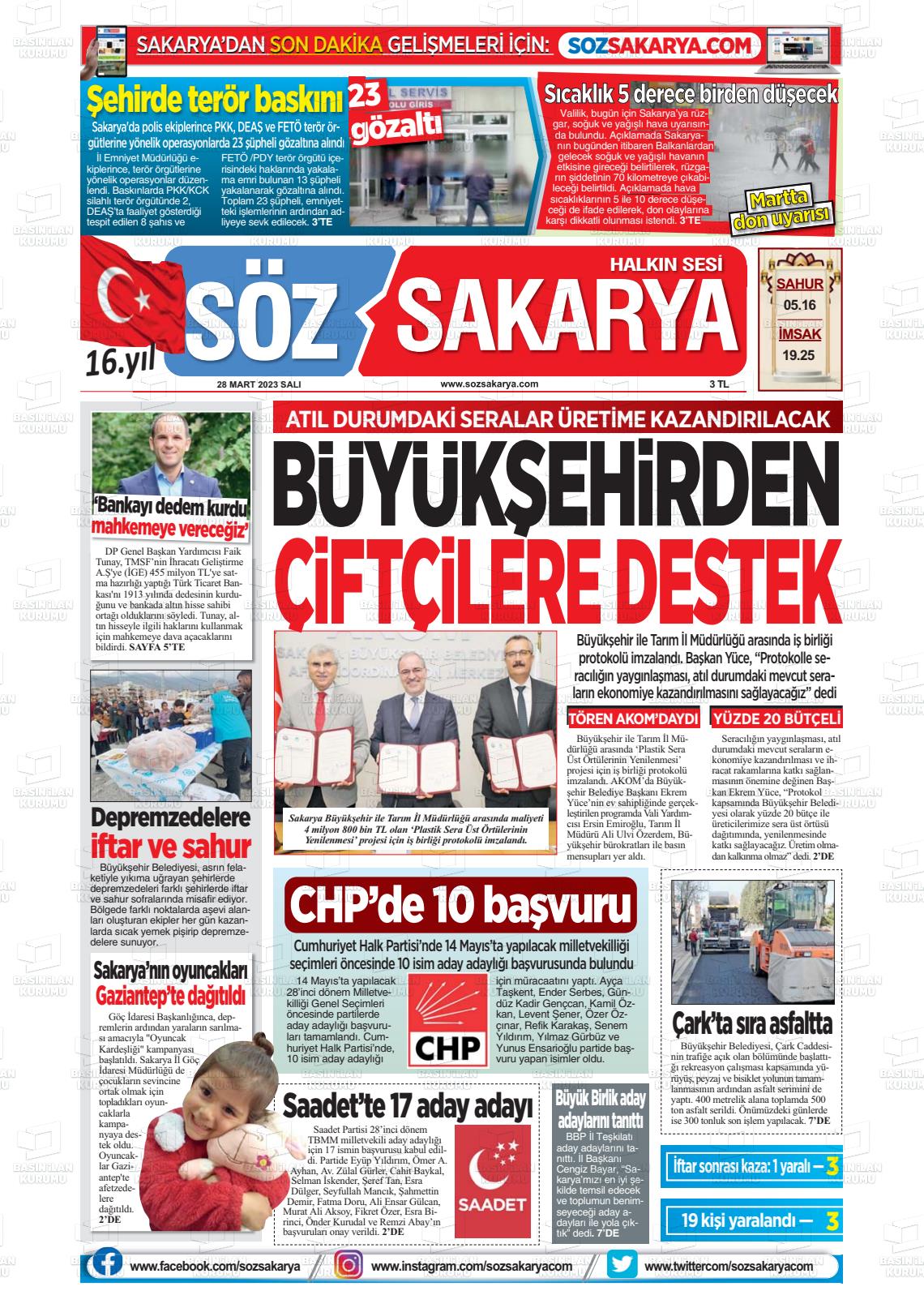 28 Mart 2023 Söz Sakarya Gazete Manşeti