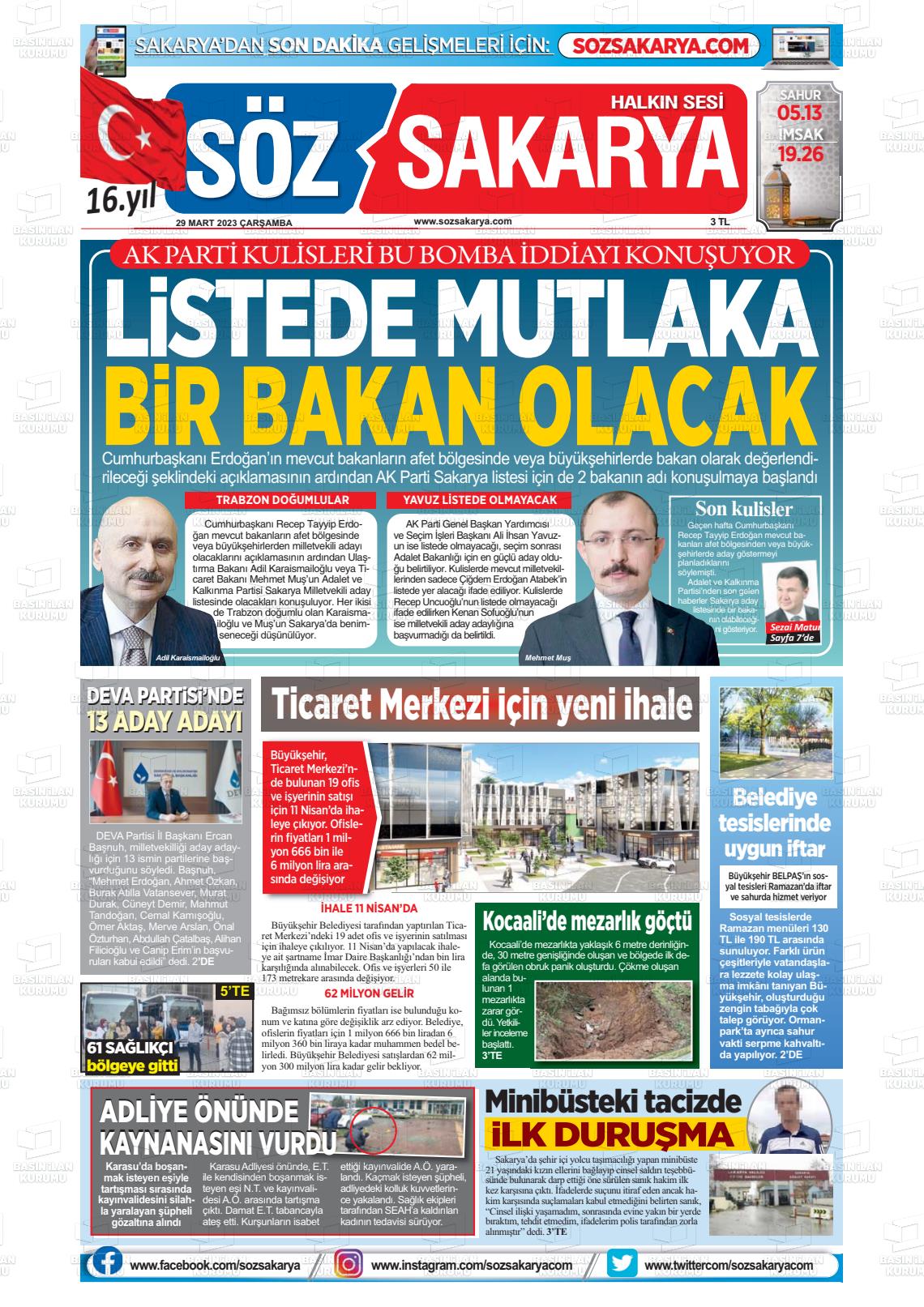 29 Mart 2023 Söz Sakarya Gazete Manşeti