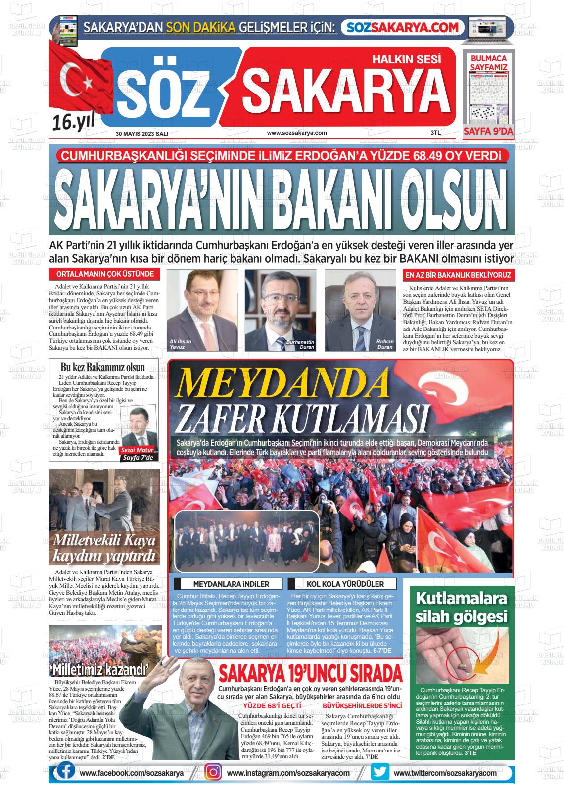 30 Mayıs 2023 Söz Sakarya Gazete Manşeti