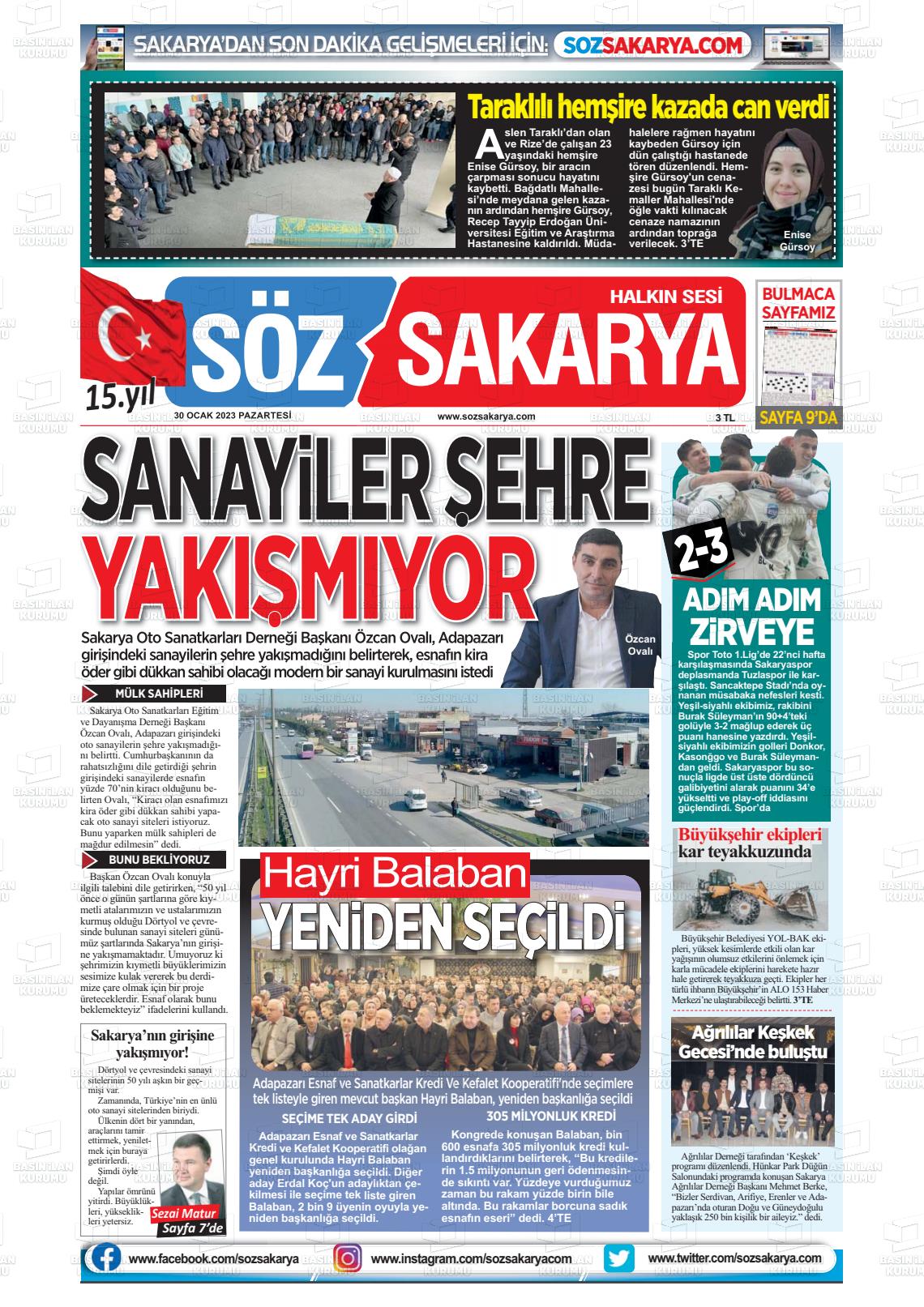 30 Ocak 2023 Söz Sakarya Gazete Manşeti