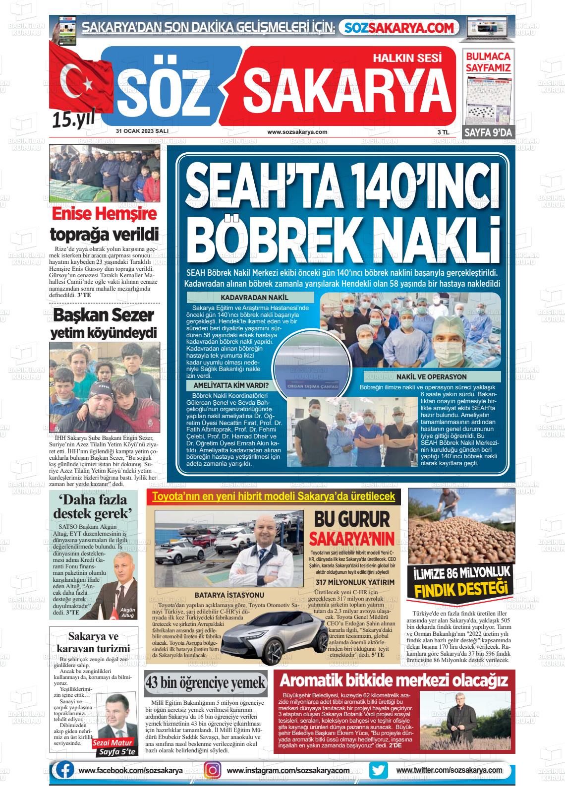 31 Ocak 2023 Söz Sakarya Gazete Manşeti