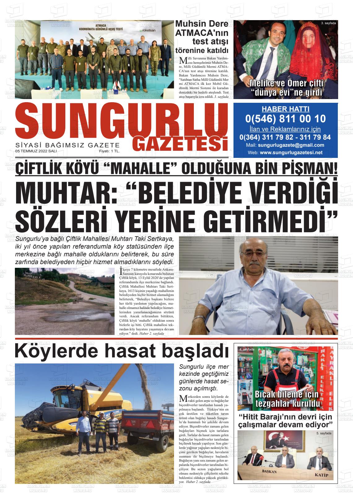 05 Temmuz 2022 Sungurlu Gazete Manşeti