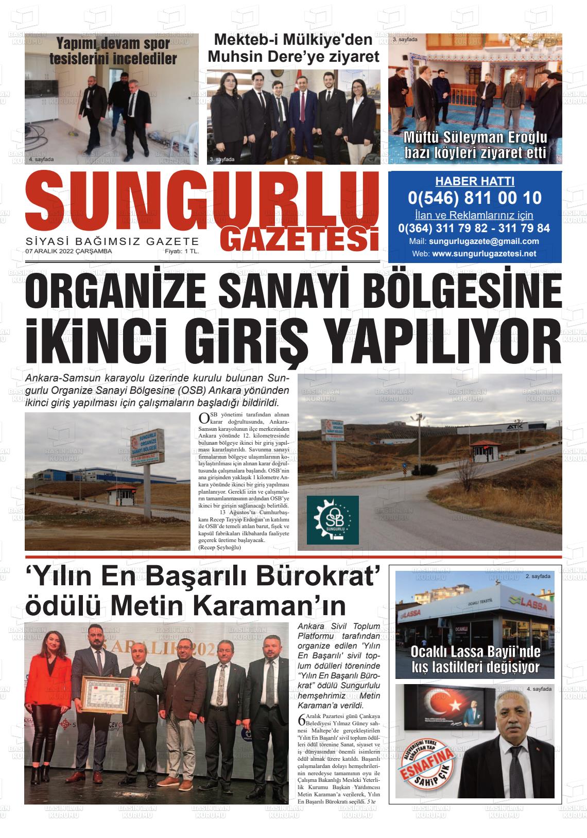 07 Aralık 2022 Sungurlu Gazete Manşeti