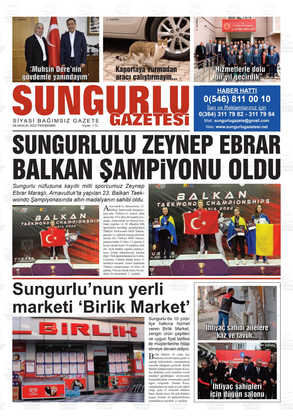 08 Aralık 2022 Sungurlu Gazete Manşeti