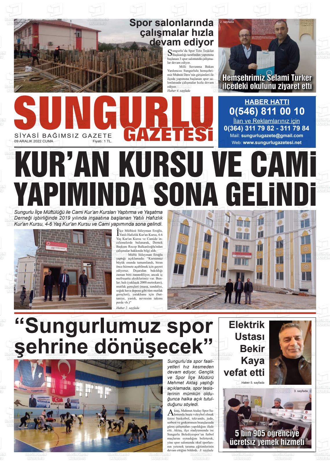 09 Aralık 2022 Sungurlu Gazete Manşeti