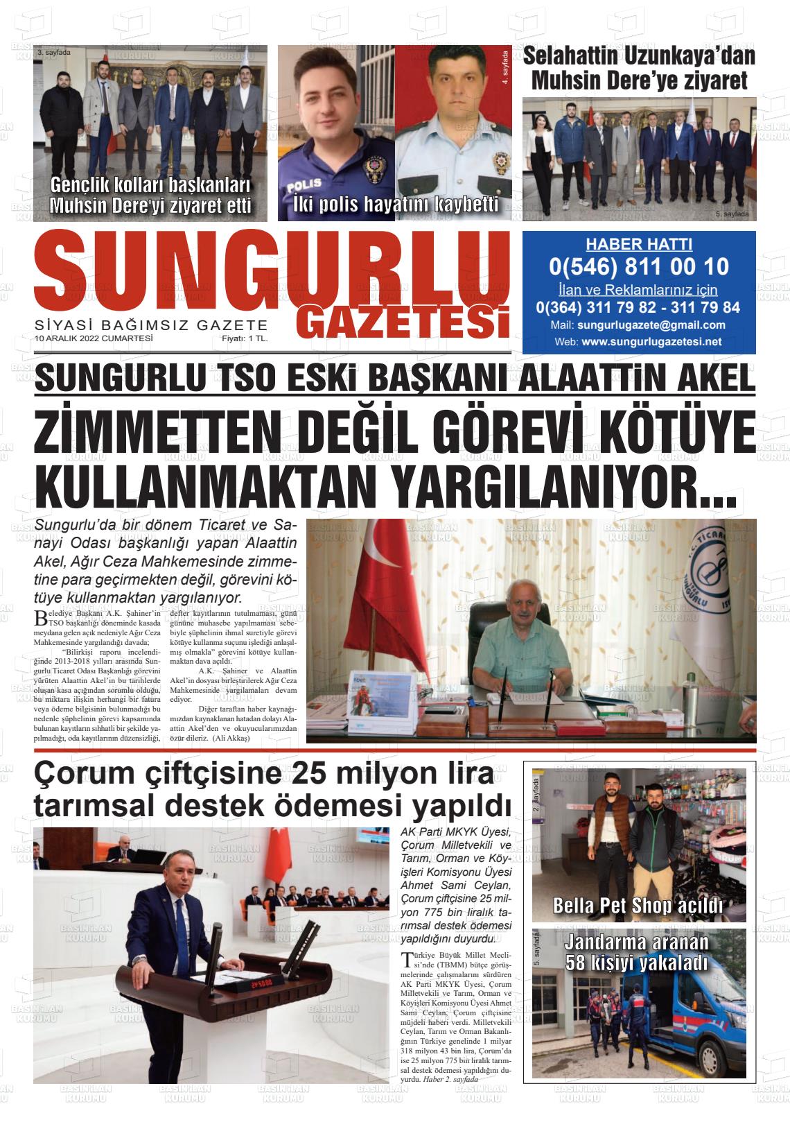 10 Aralık 2022 Sungurlu Gazete Manşeti
