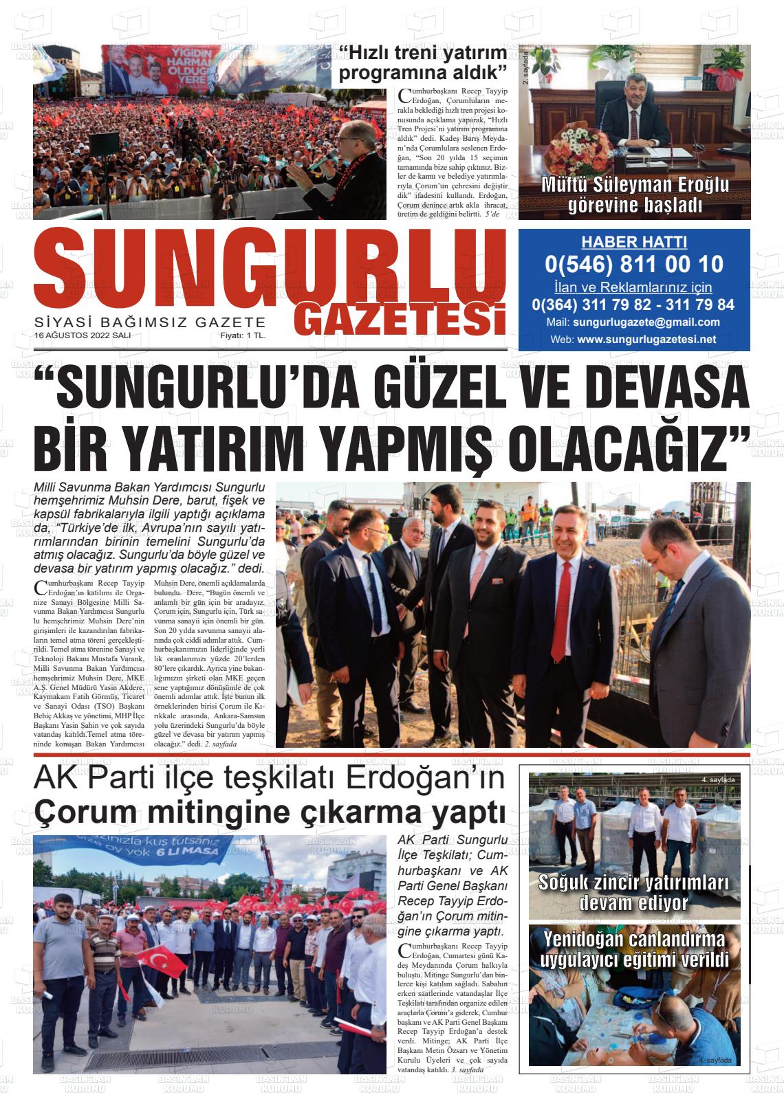 16 Ağustos 2022 Sungurlu Gazete Manşeti