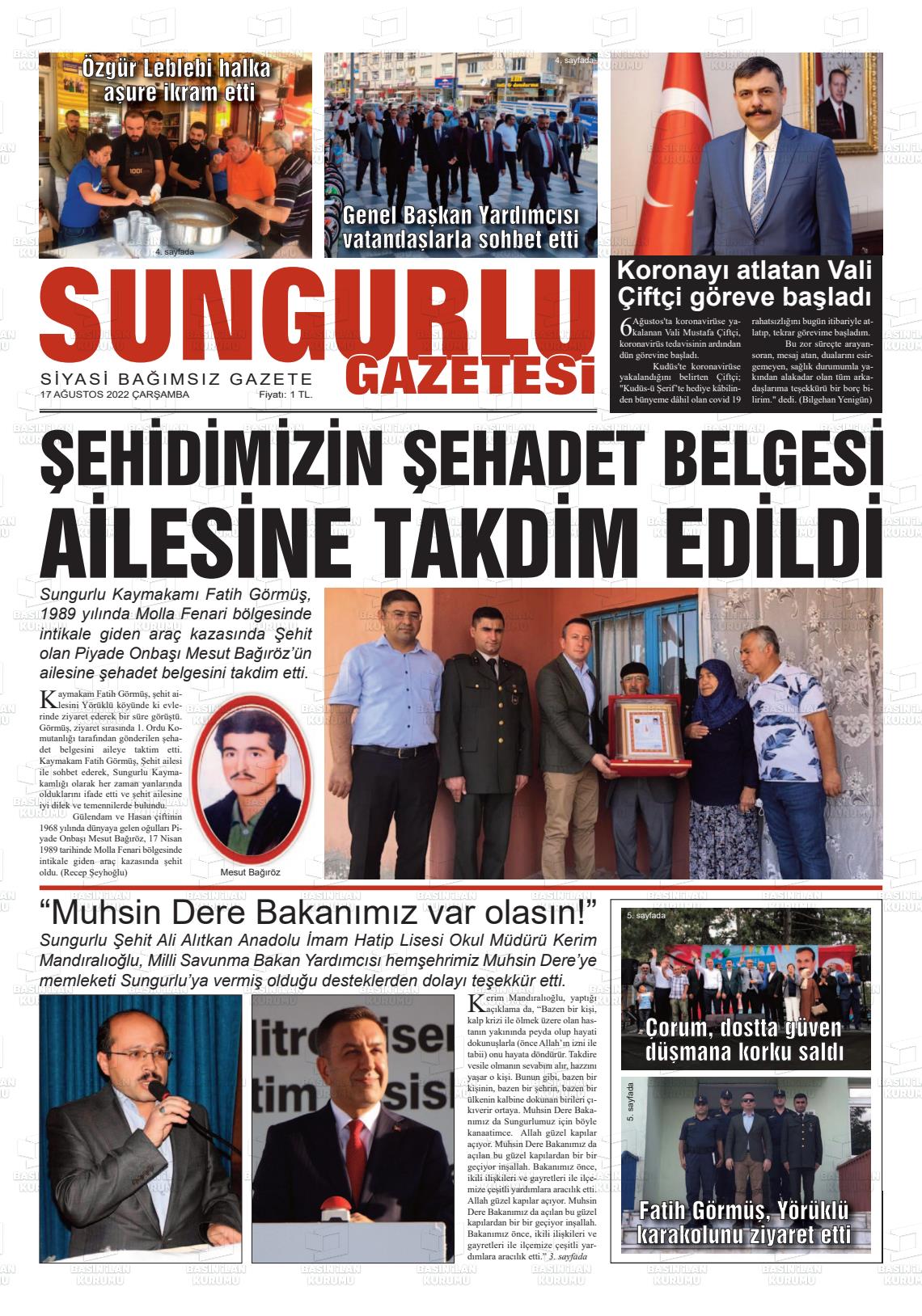 17 Ağustos 2022 Sungurlu Gazete Manşeti
