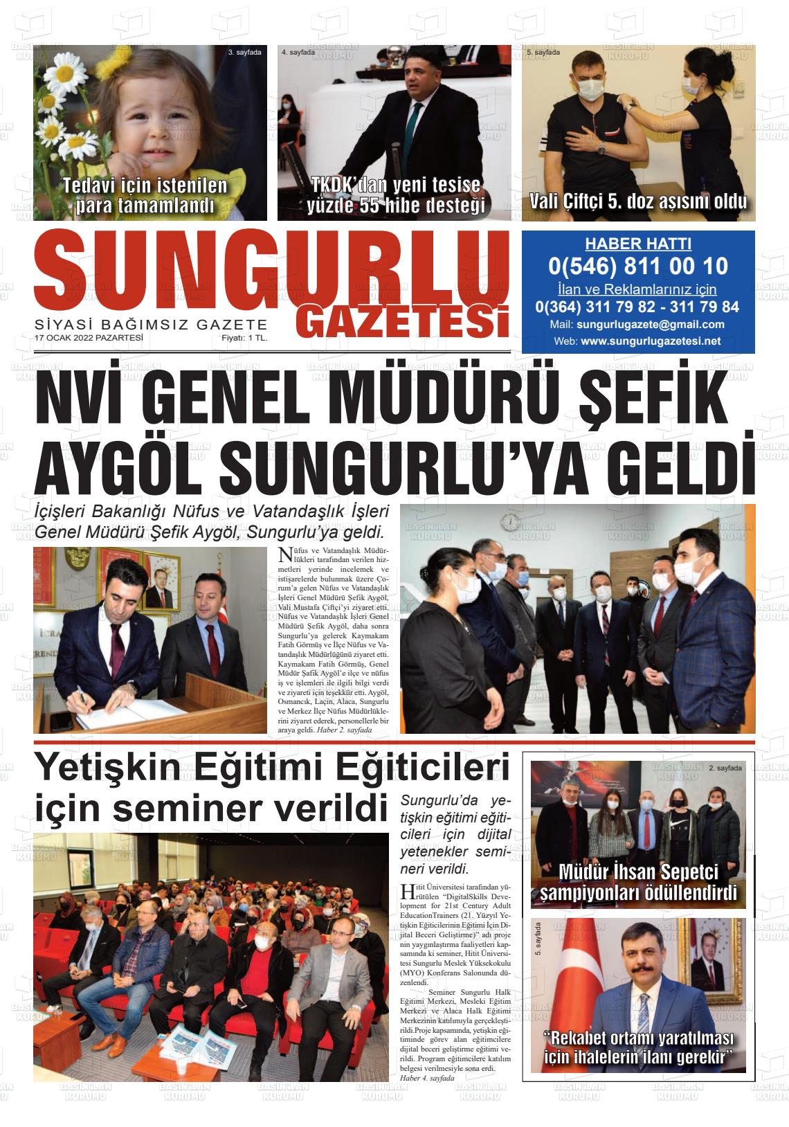 17 Ocak 2022 Sungurlu Gazete Manşeti