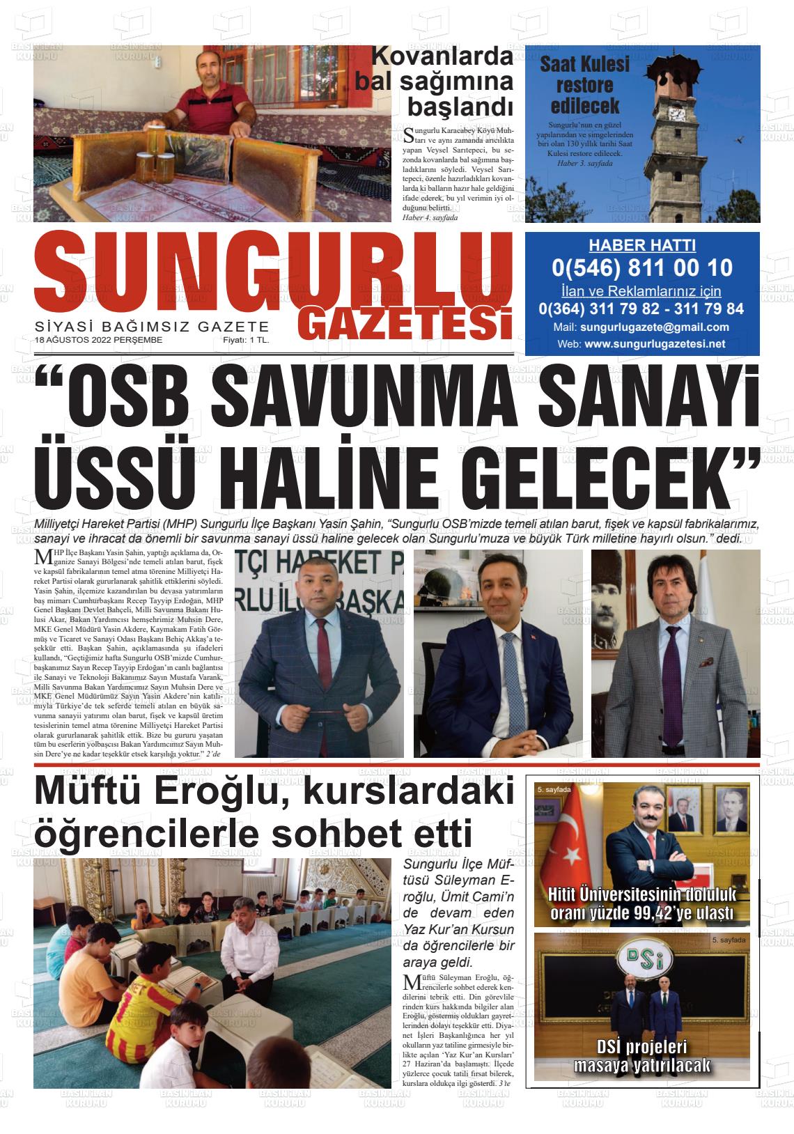 18 Ağustos 2022 Sungurlu Gazete Manşeti