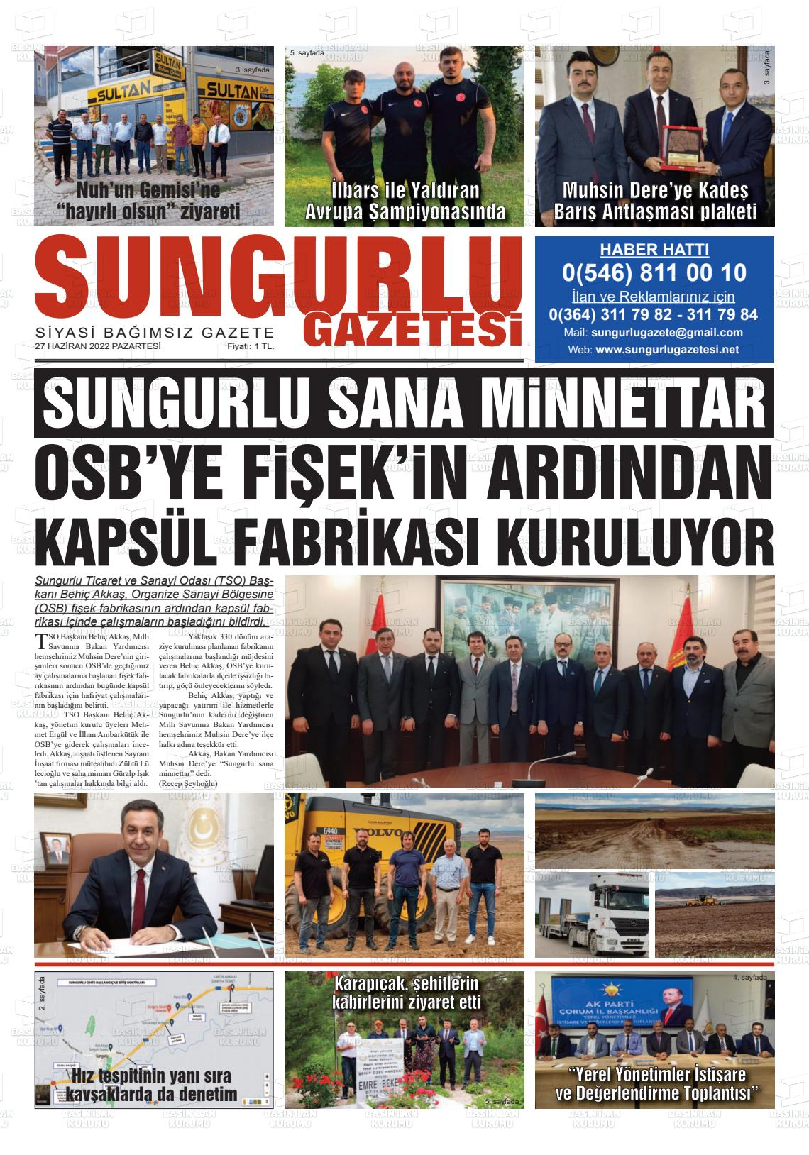 27 Haziran 2022 Sungurlu Gazete Manşeti